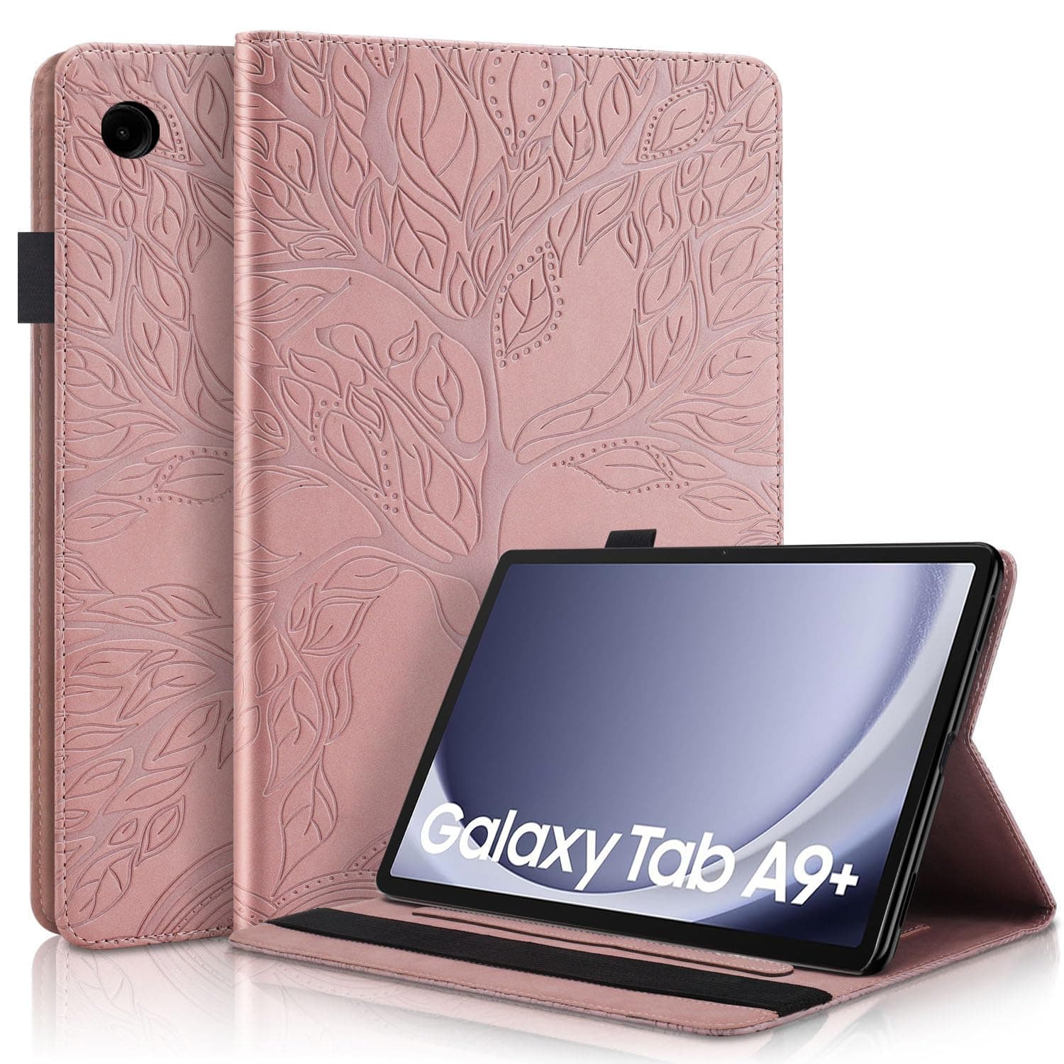 Auslbin Case for Samsung Galaxy Tab A9 Plus/A9+ 11" 2023 SM-X210/X215/X216 Tablet Case PU Anti-Fall Cover with Stand Function and Card Slot with Pencil Holder Cover Pink