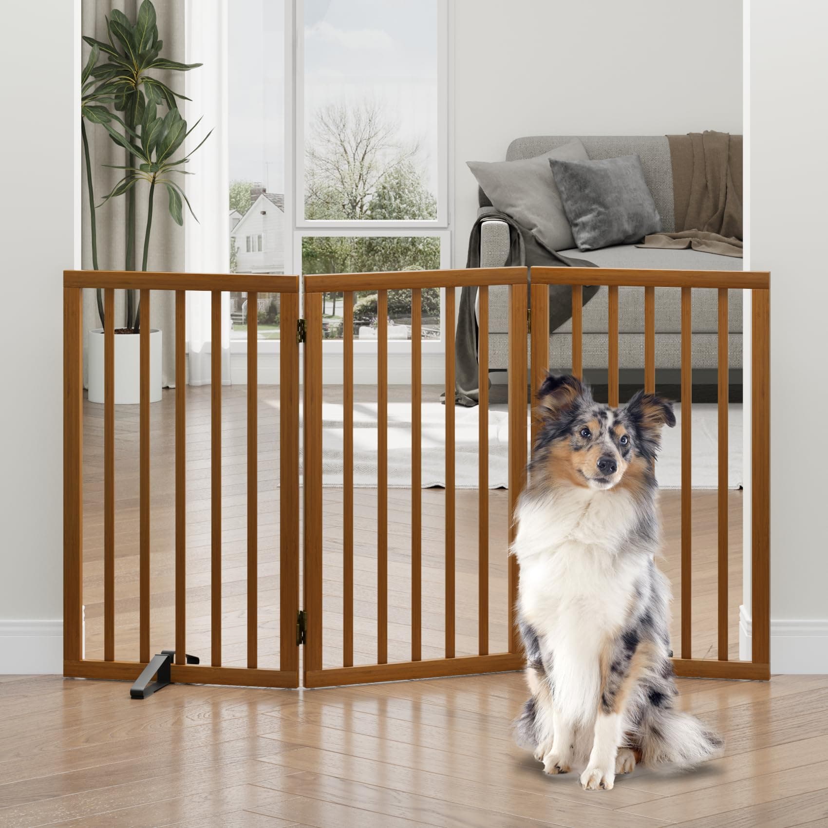 Dog Gate, Freestanding Tall Dog Gates for Doorways, Foldable Dog Gate Indoor, Pet Gates for Doorways Bedroom, Puppy Gate with Metal Support Feet, Room Divider,3 Panels (Walnut)