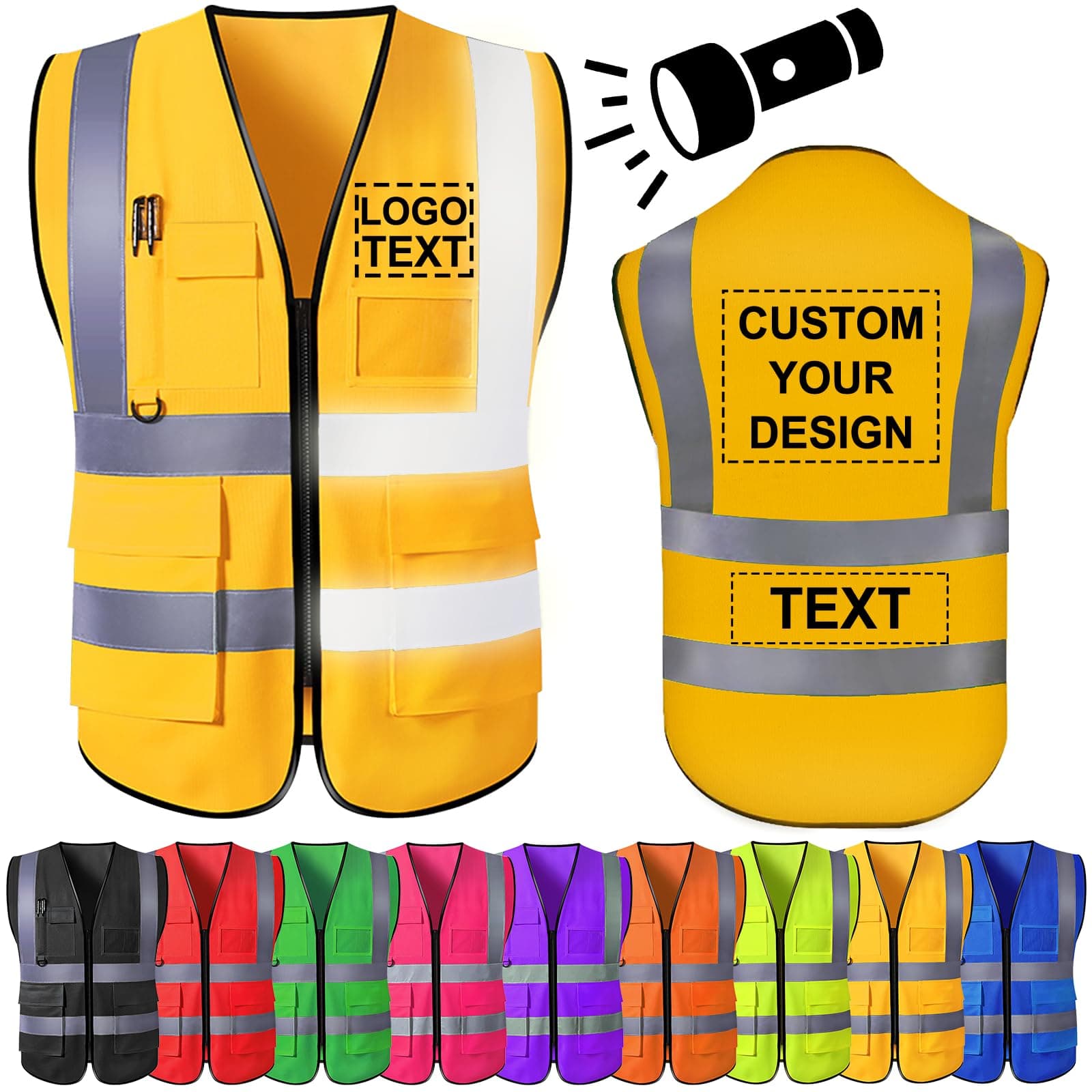 Custom Safety Vest for Men Personalized High Visibility Vest Workwear with Reflective Strip 5 Pockets