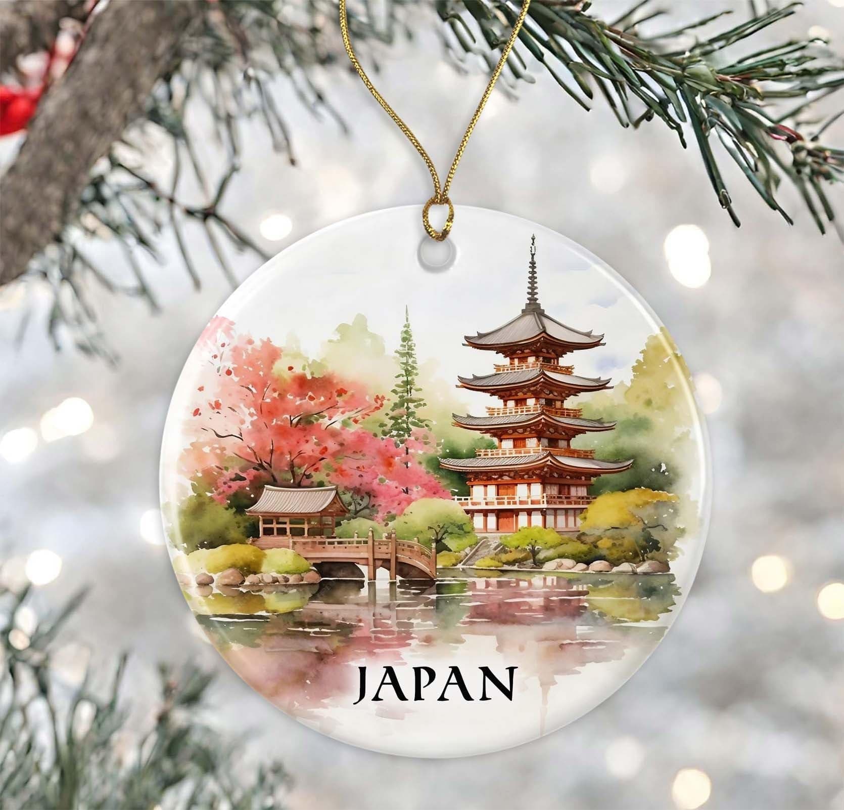 Japan Cherry Blossoms Temple Watercolor Ornament, Japan Christmas Ornament, Gift For Japan Lover, Keepsake Ornament, Travel Souvenirs, Housewarming Gift, Xmas Ornament Ceramic Printed on Both Sides