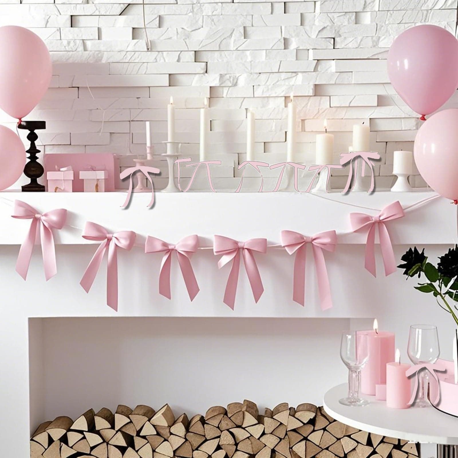 Thiccywoov 21 Pcs Bow Banner Garland Including 47 Inch Bow Banner And 20 Coquette Bachelorette Cupcake Toppers Ribbon Bowknots Decors for Coquette Wedding Bridal Shower Birthday Party (Pink)