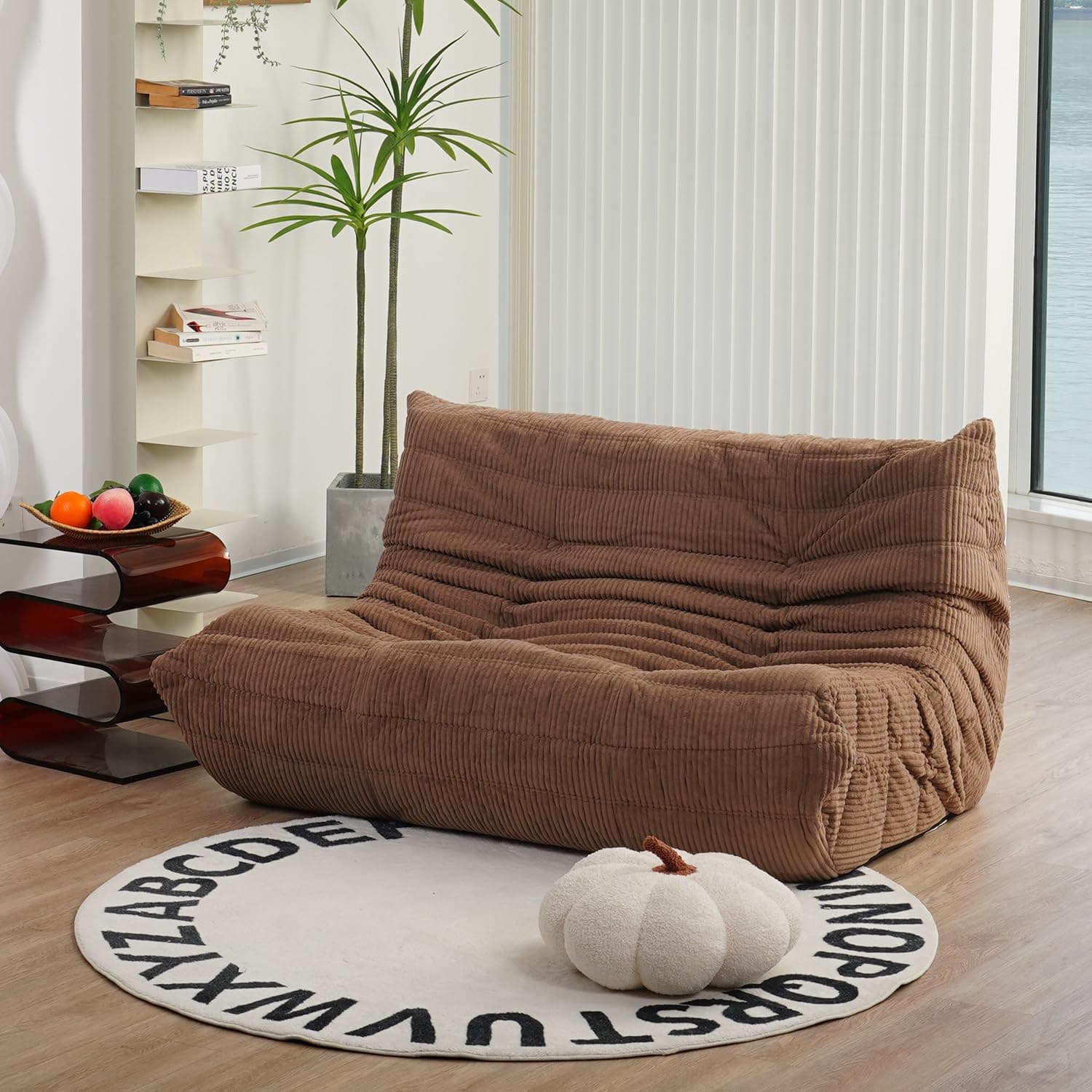 N&V Fireside Loveseat, Mid Century Armless Twin Size Floor Sofa, Soft Premium Corduroy Floor Lounge Chair, Foam Sofa Accent Chair for Living Room Bedroom and Office Brown Sugar