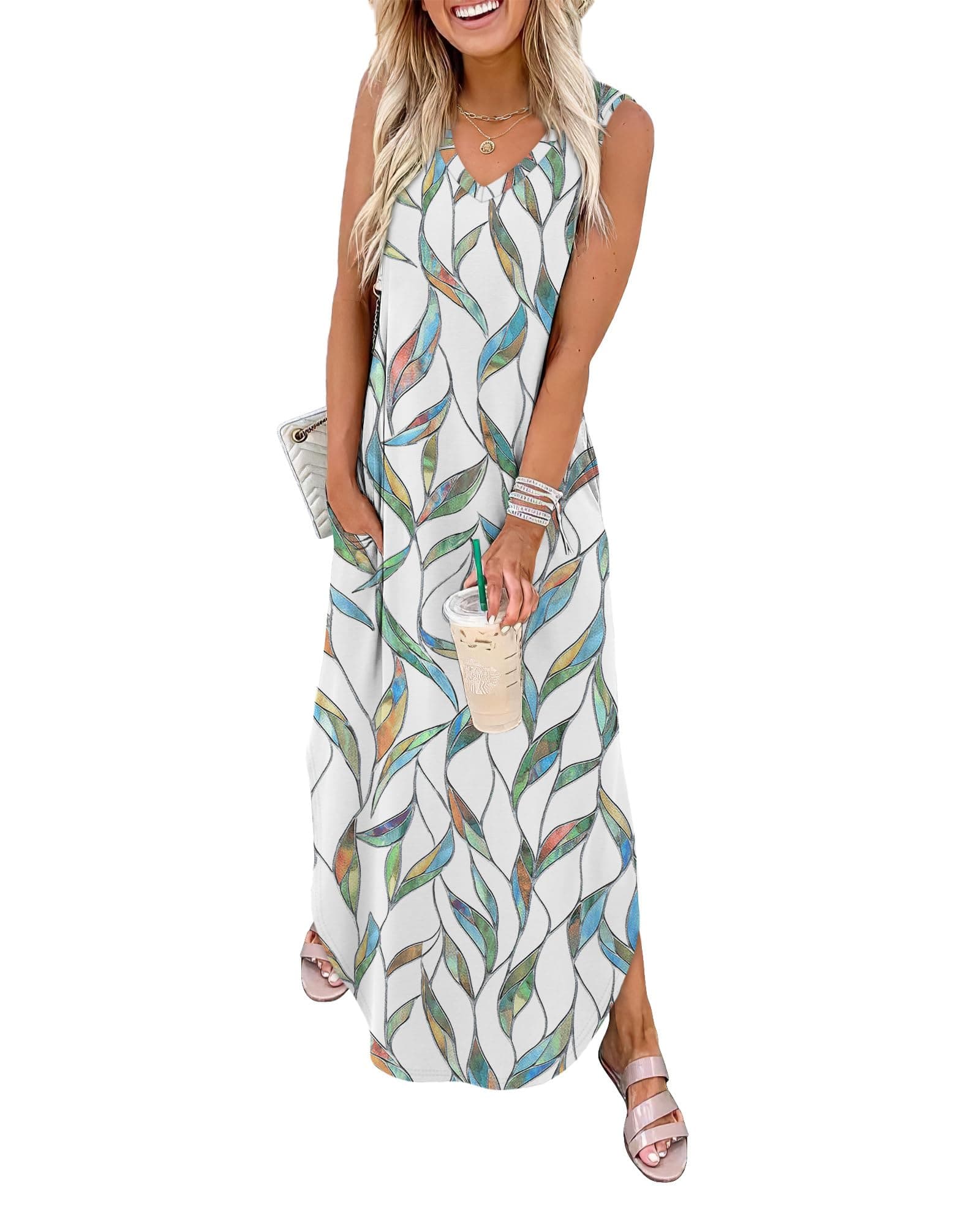 Sampeel Summer Dresses for Women Maxi Dress Vacation Beach Sundresses 2026 with Pockets Ladies Dresses Size 18-20 Floral Green Leaf