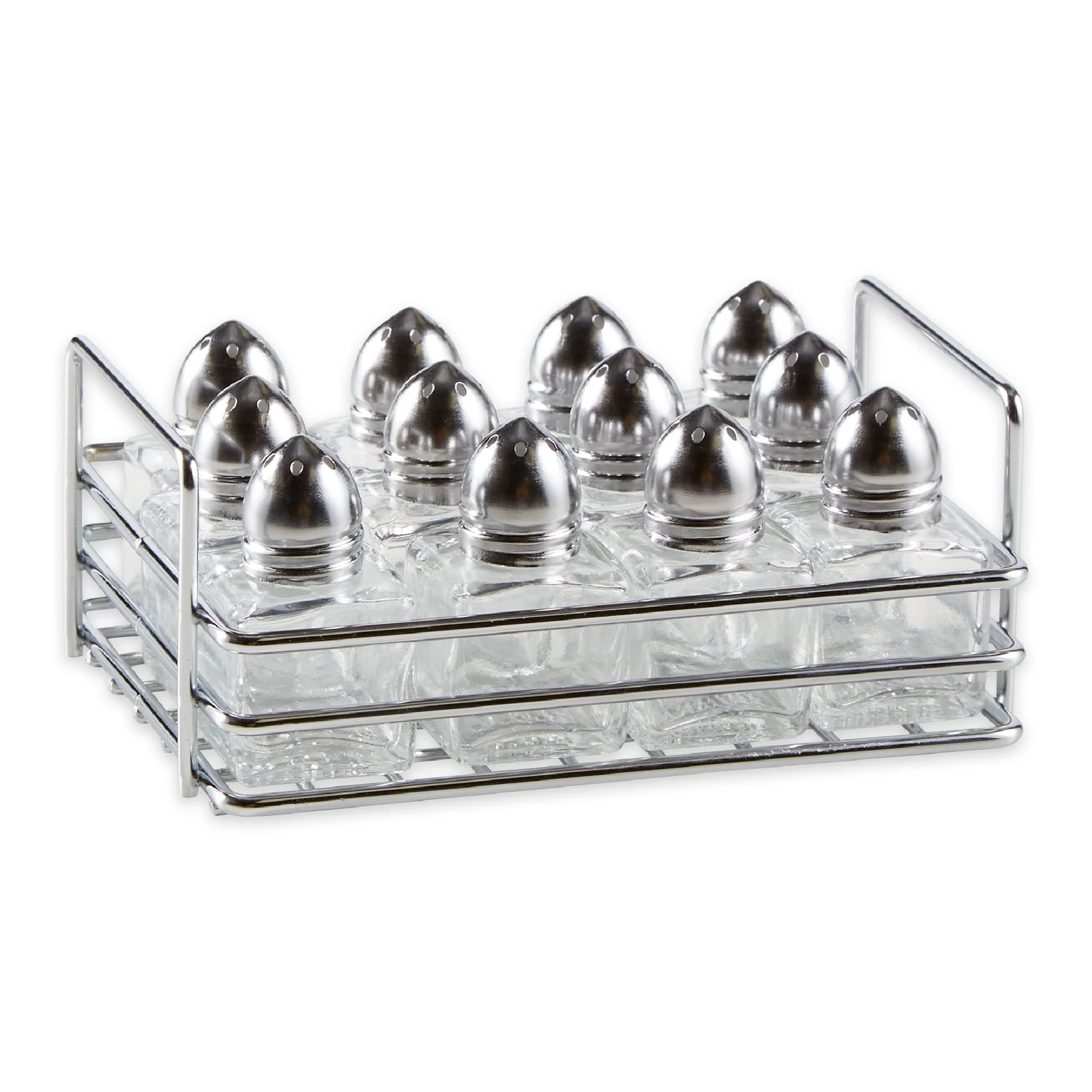 RSVP International Mini Glass Salt & Pepper Set Holder Included, 12 Shakers, Chrome and Stainless Steel