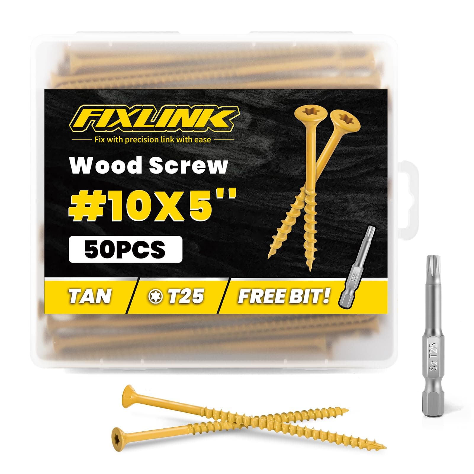 Wood Screws 5 Inch, FIXLINK Deck Screws #10 x 5, 50 PCS, T25 Star Bit Above 1500 Hour Salt Spray Coating Outdoor Decking Screws for Wood Fence, Tan