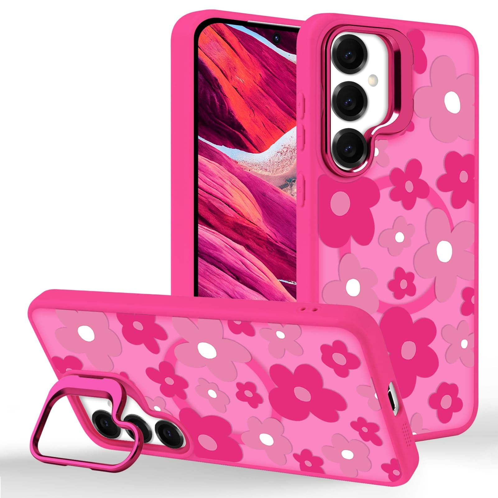 casesszoone for Samsung Galaxy S25 / S24 Flower Case with Kickstand, Compatible with MagSafe, Built-in Camera Ring Stand, Strong Magnetic Translucent Frosted Cover for Girls Women, Hot Pink Floral