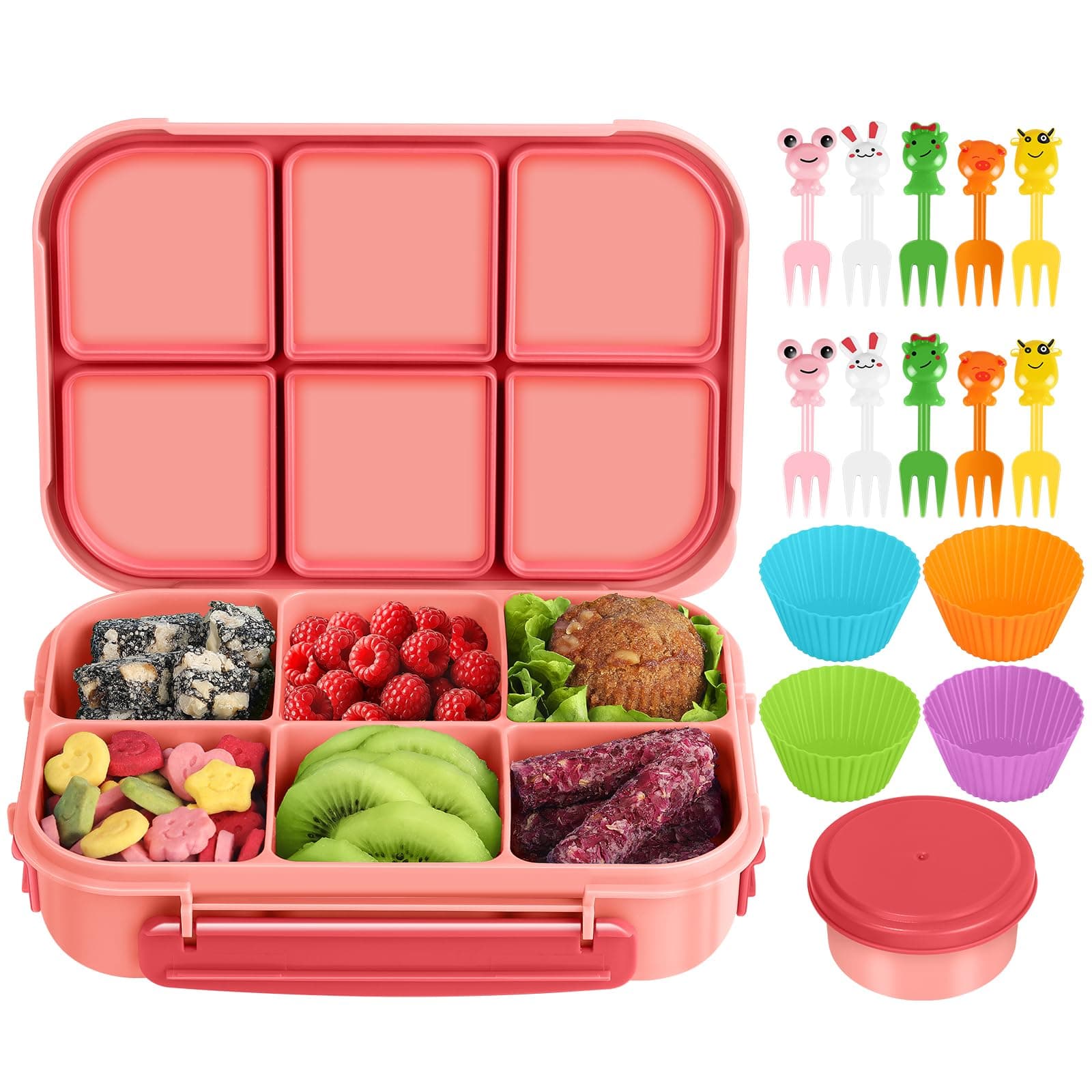 Amathley Lunch Box Kids Girls Boys,Bento Box Adult,Toddler Lunch Containers for School,Leakproof Snack Containers with 6 Compartments,Sauce Container,10 Food Picks and 4 Muffin Cups (Pink)