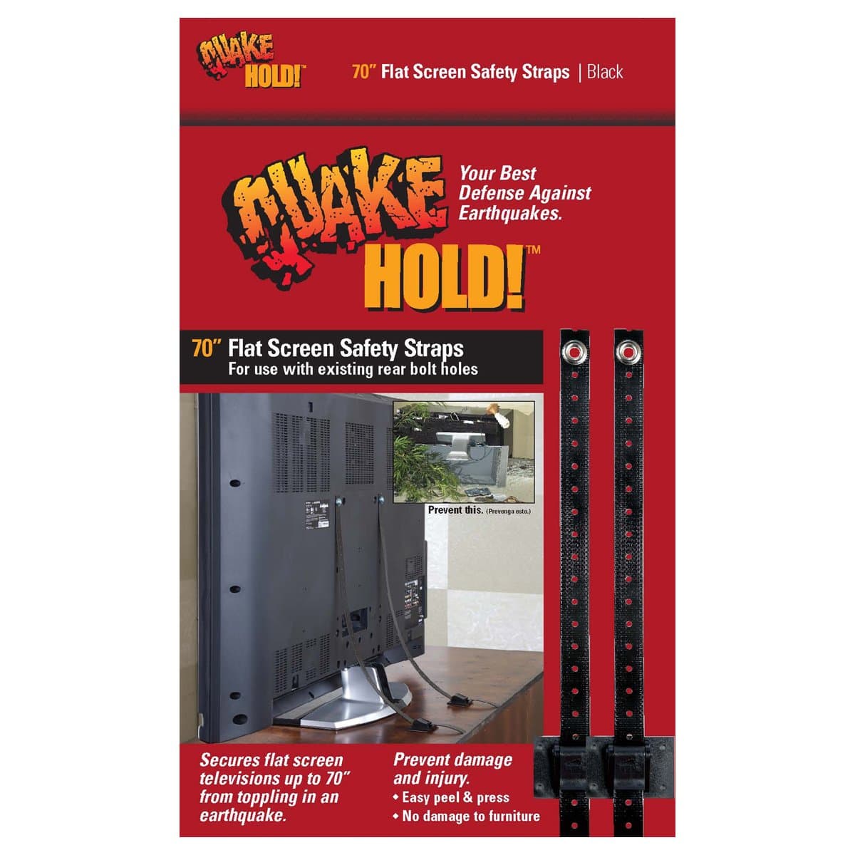 QuakeHold! 4516 70" Flat Screen T Safety Straps, Black Nylon