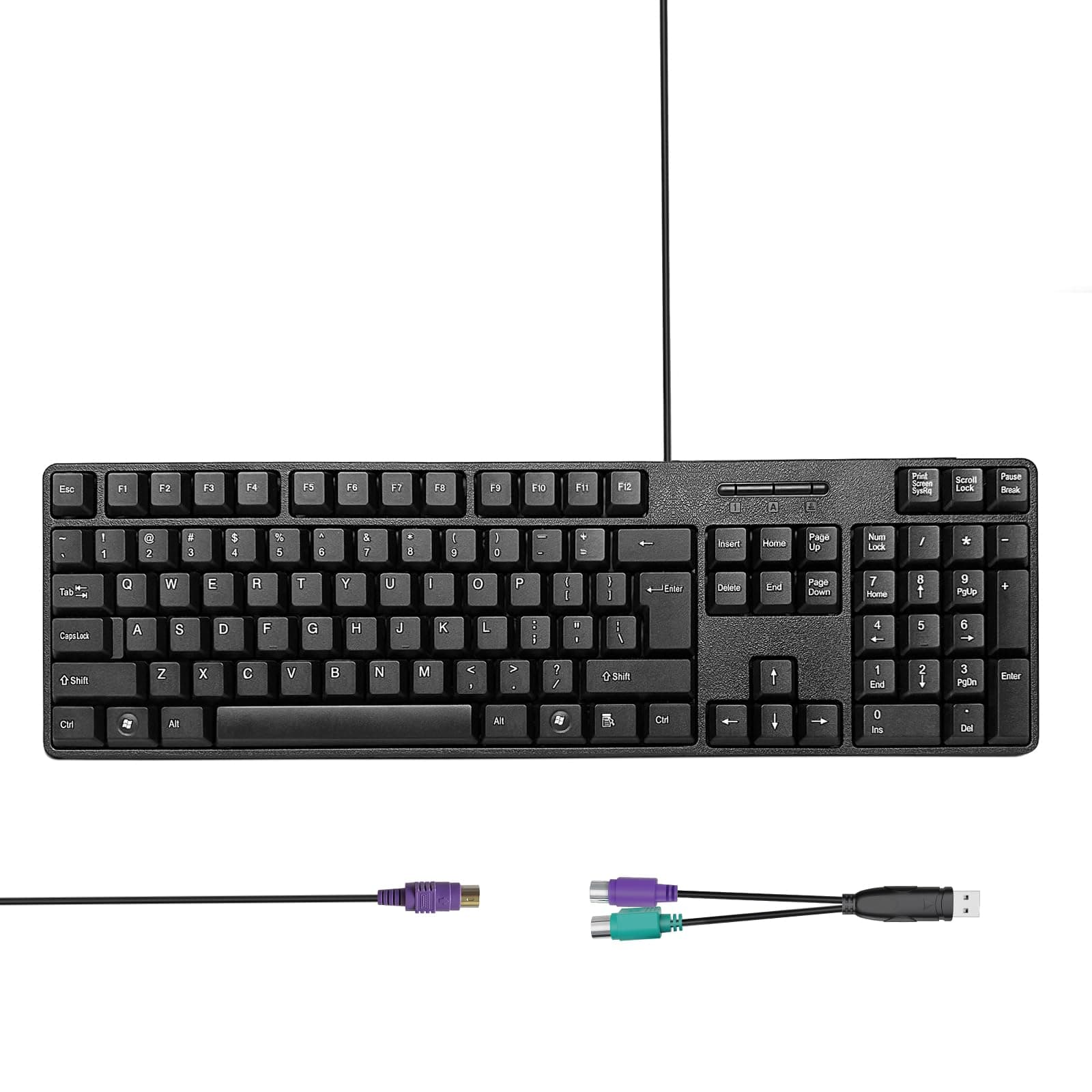 YORUNOHOSHI Wired PS2 104 Keys Computer Keyboard with PS2 to USB Adapter, Stands, Waterproof - US Layout Compatible for Windows, PC, Laptop, Black