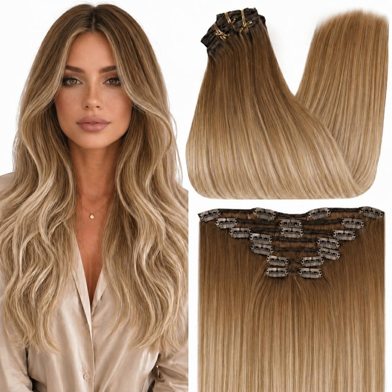 Full Shine Human Hair Extensions Clip ins Ombre, 14 Inch