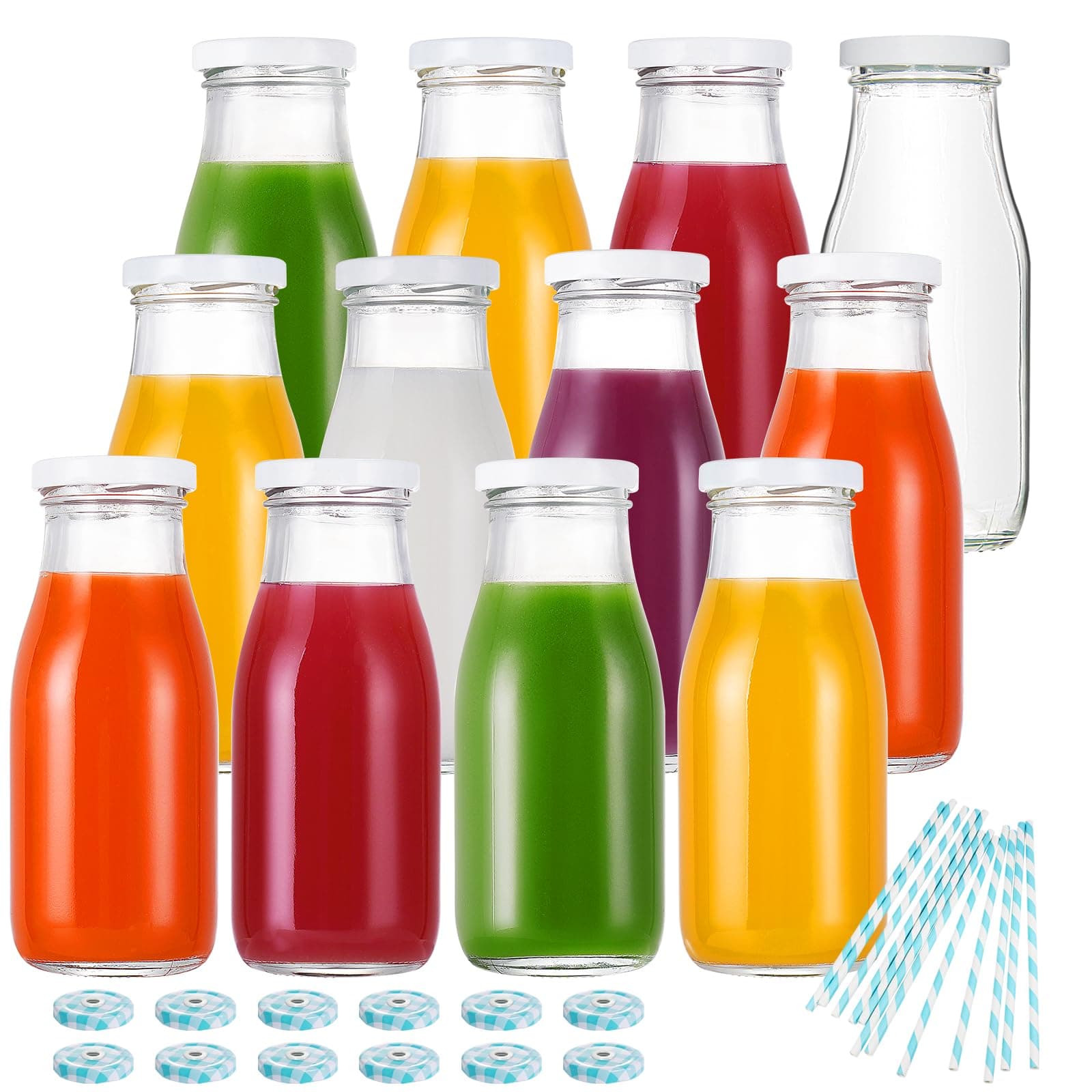 YEBODA Glass Juice Bottles with Lids, 11 oz Milk Bottles, 12 Pack