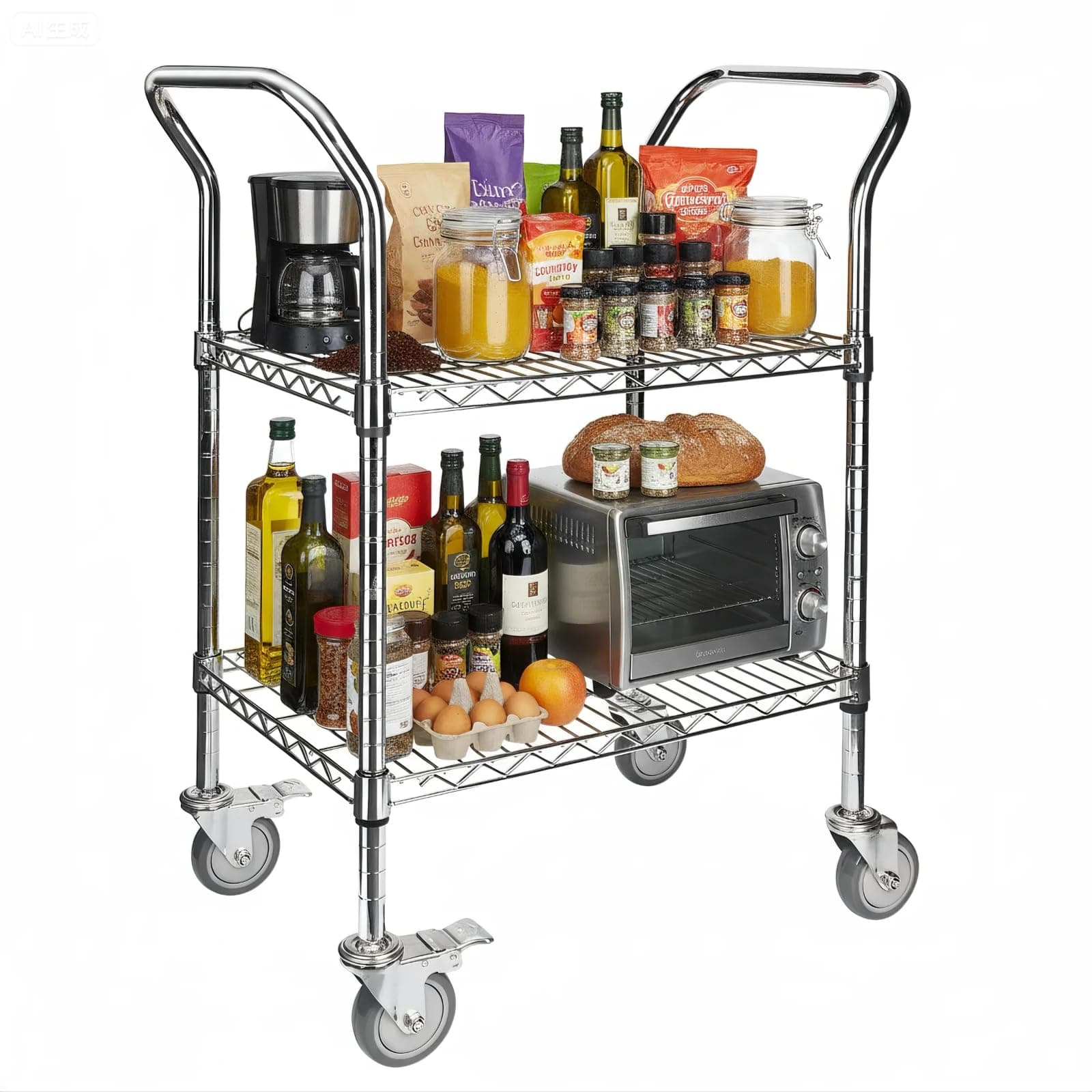 Northsky 2-Shelf Wire Utility Cart on Wheels, Chrome Finish Rolling Metal Shelving with Wheels, 550lb Capacity, 24" x 18" x 38", 2 Tier Rolling Cart for Kitchen Bar Storage Use
