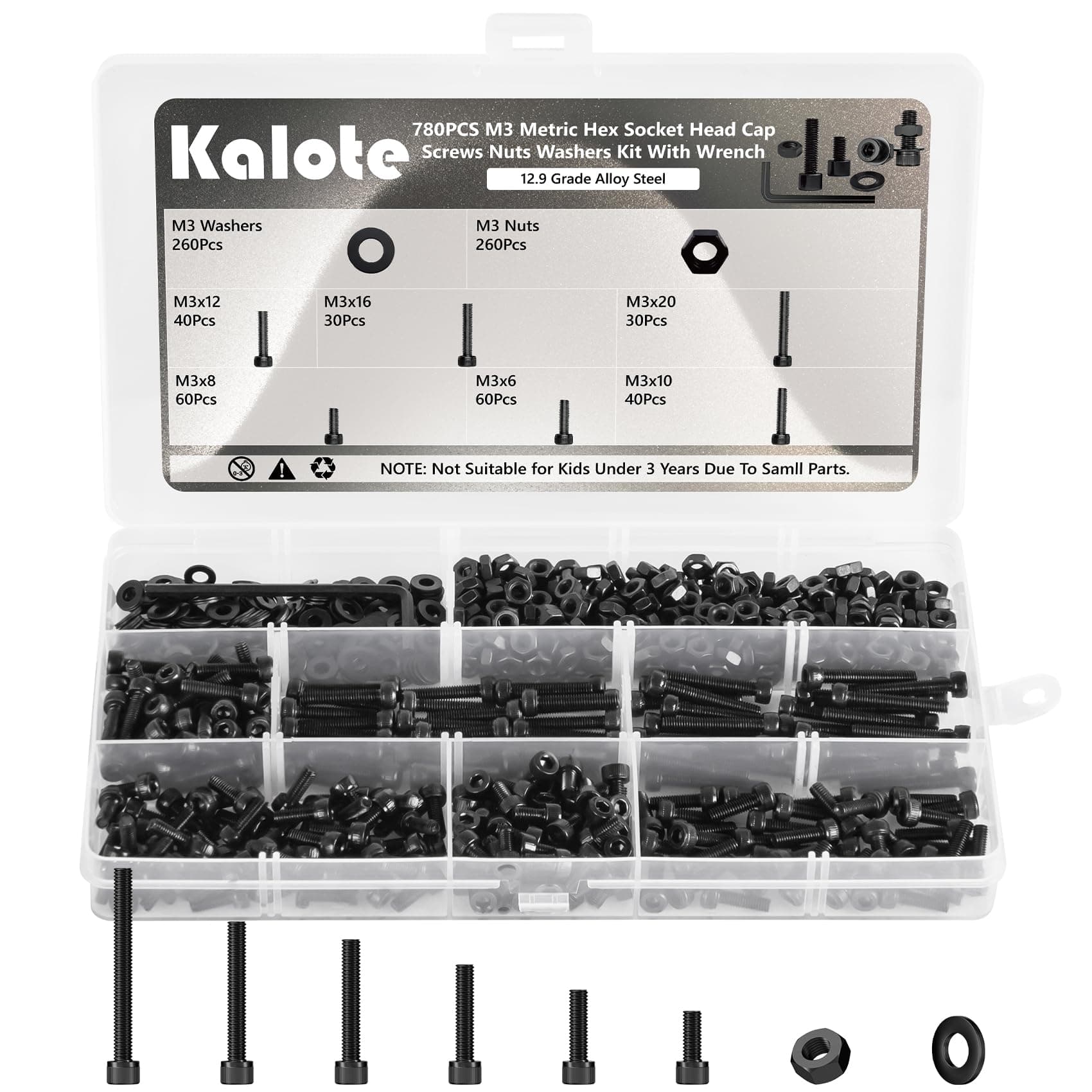 Kalote 780Pcs M3 Metric Screws, 12.9 Alloy Steel Hex Bolts Washers Kit