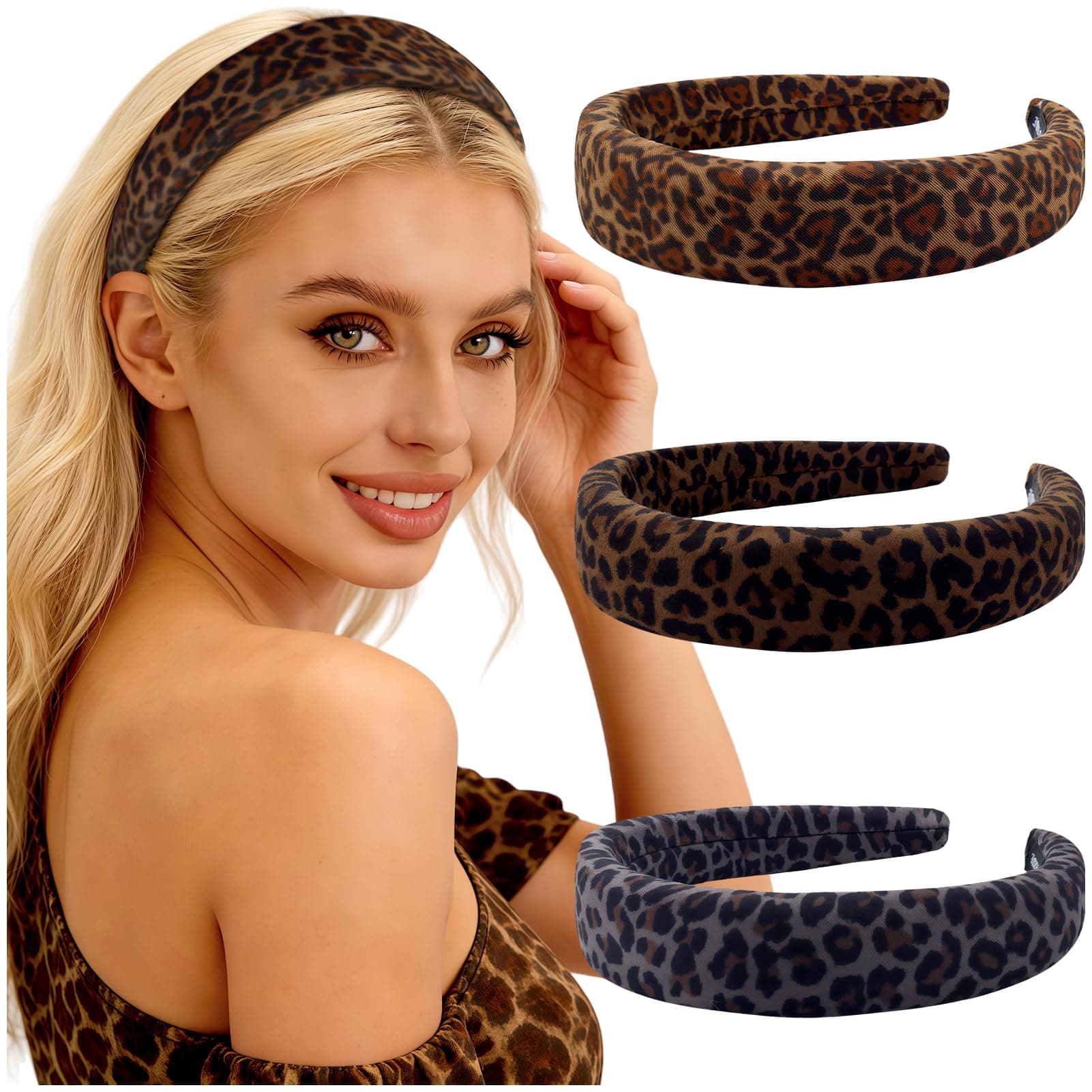 3Pcs Velvet Wide Headband for Women Girls Leopard Hairbands Brown Thick Headband Set Adult Teen Padded Hair Band Thin Non Slip Soft Hair Headbands Grey Fashion Simple Hairs Accessories Christmas Gifts
