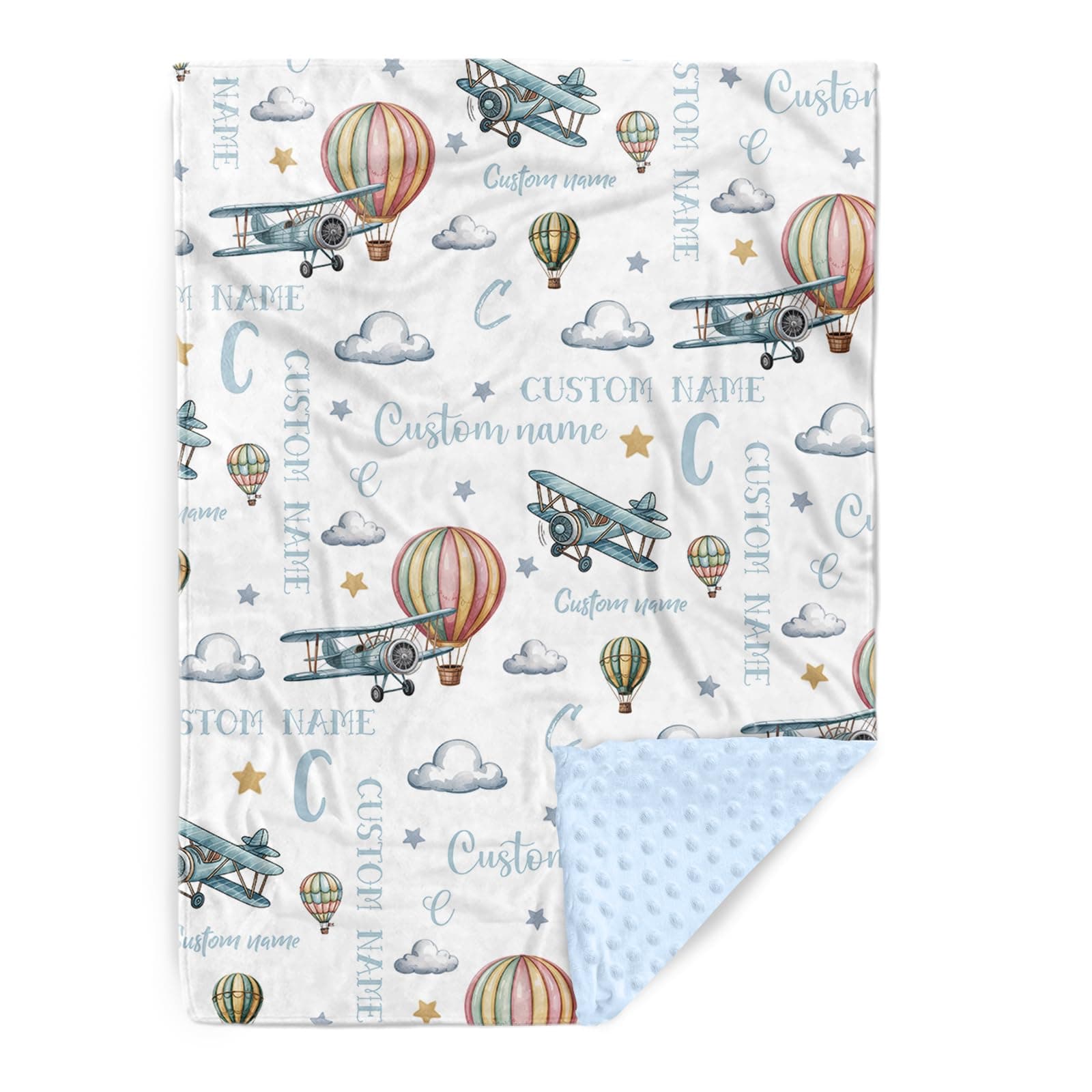 Personalized Baby Blankets with Name – Custom Glider Pattern Baby Blanket for Boys Girls, Light Blue Infant Blankets with Soft Dotted Back, Nursery Bedding, Newborn Shower Gift