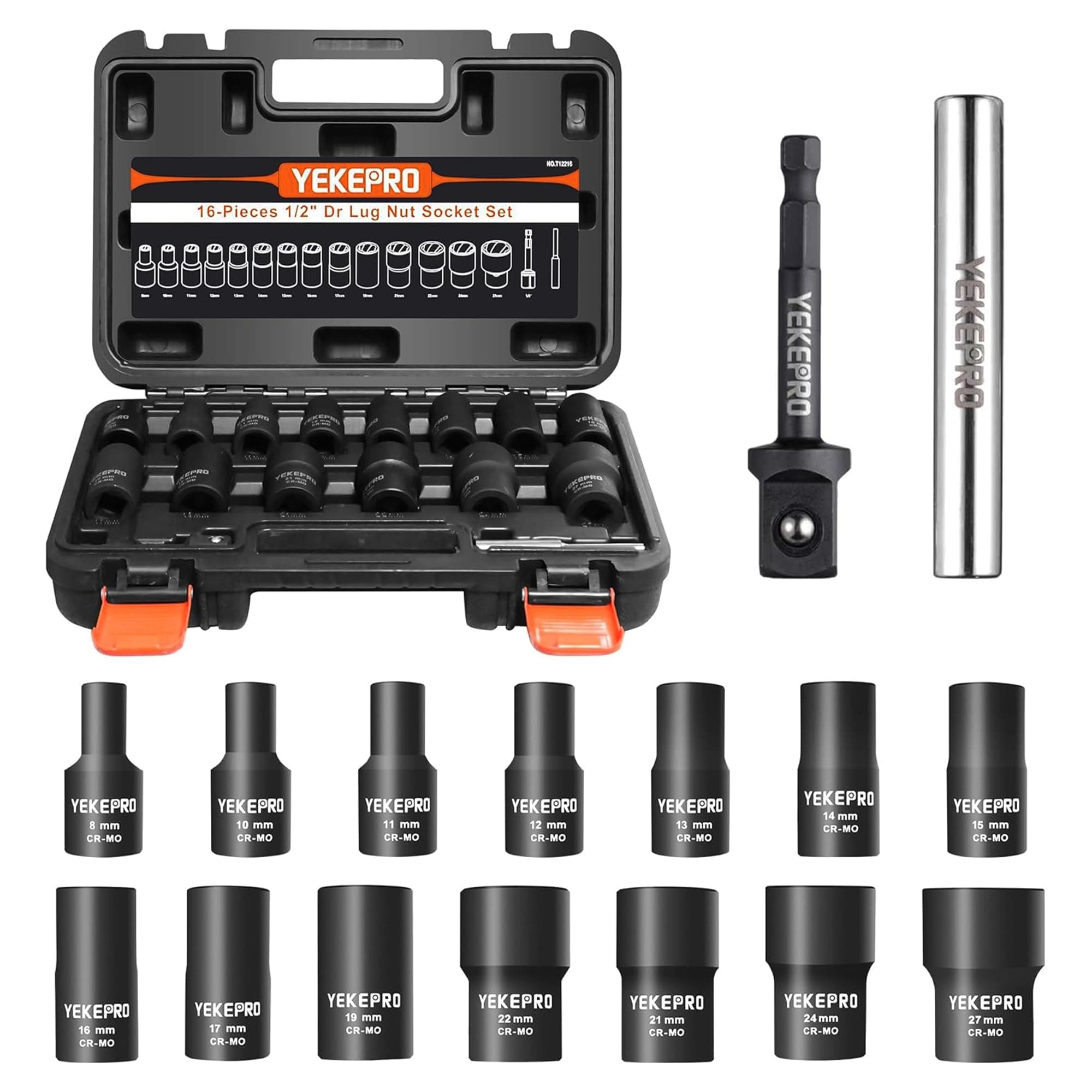 YEKEPRO 16-Piece 1/2" Drive Impact Bolt & Nut Remover Set, Stripped Bolt Extractor, Cr-Mo Steel