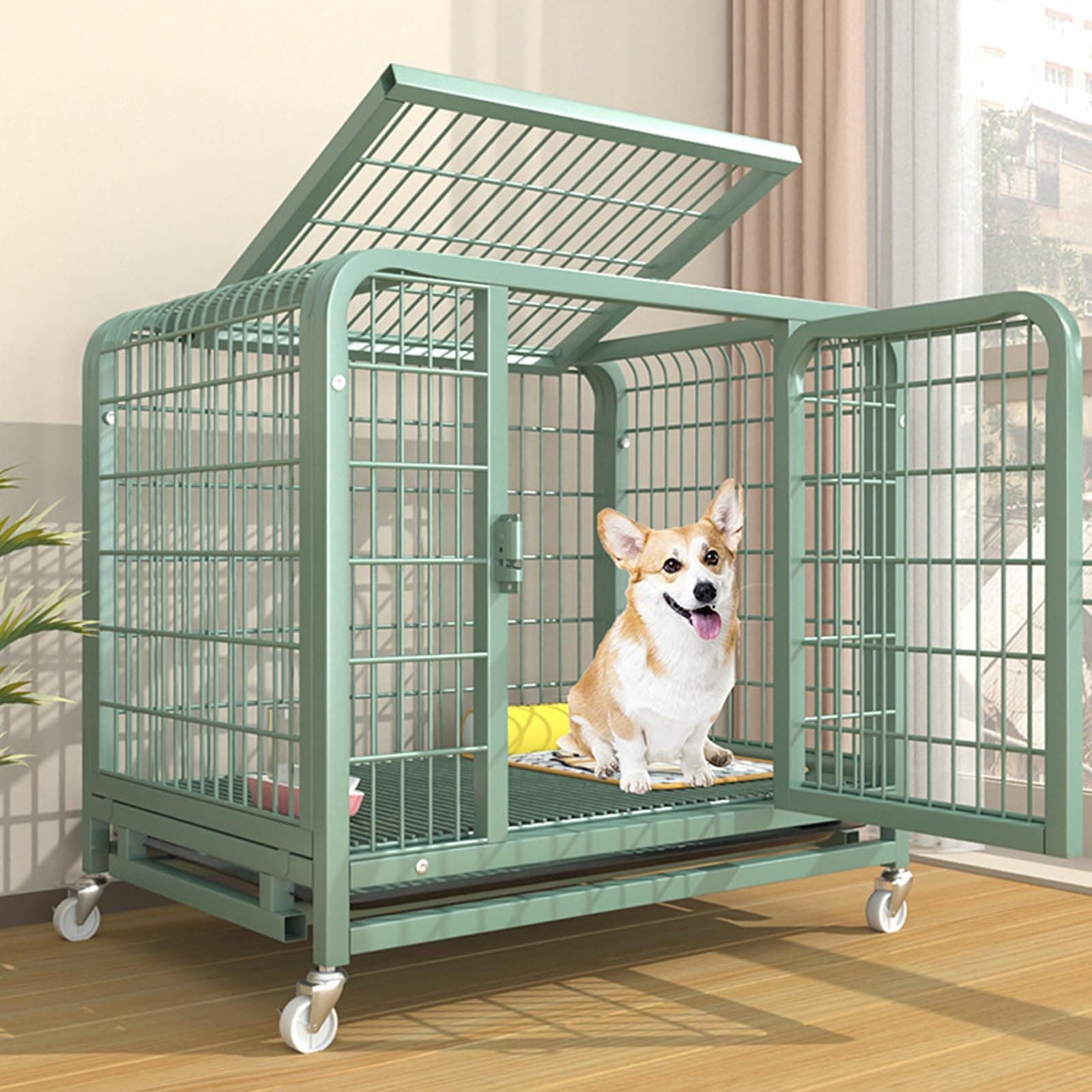 Heavy Duty Dog Crate with Double Door, Dog Cage Kennel with Wheels, Easy to Assemble Square Tube Pet Enclosures with Removable Tray Sturdy Locks Design Large Exercise Place Ideal (Size : 79