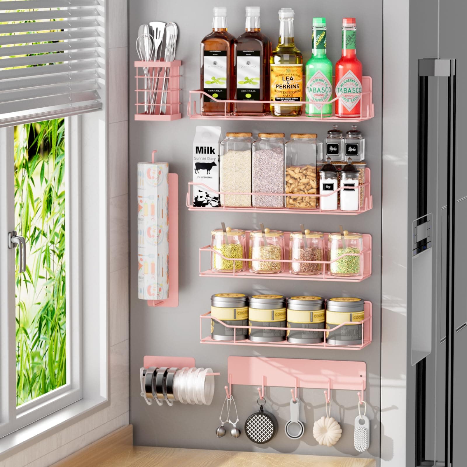 Magnetic Spice Rack for Refrigerator,8 Pack Magnetic Fridge Shelf, Moveable Spice Organizer with Hook Rack, Paper Towel Holder, Utensil Holder,cup lid holder, Super Magnetic Rack Set (Pink)