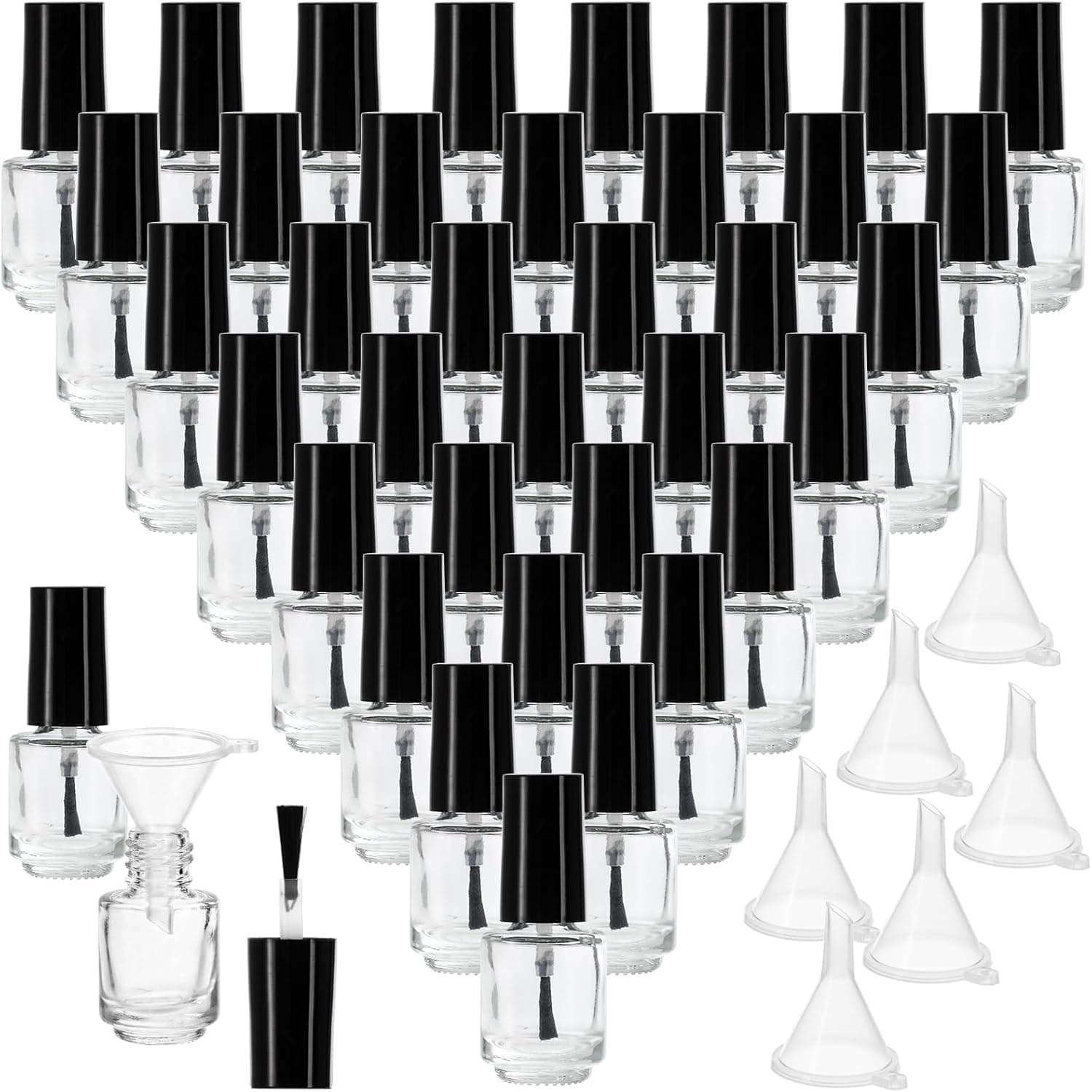 ZENFUN 50 Pack 5ML Empty Nail Polish Bottles, Clear Glass Nail Polish Containers with with Brush Cap & 6 Funnel, Refillable DIY Glass Manicure Polish Bottles for Nail Art Sample, DIY Making