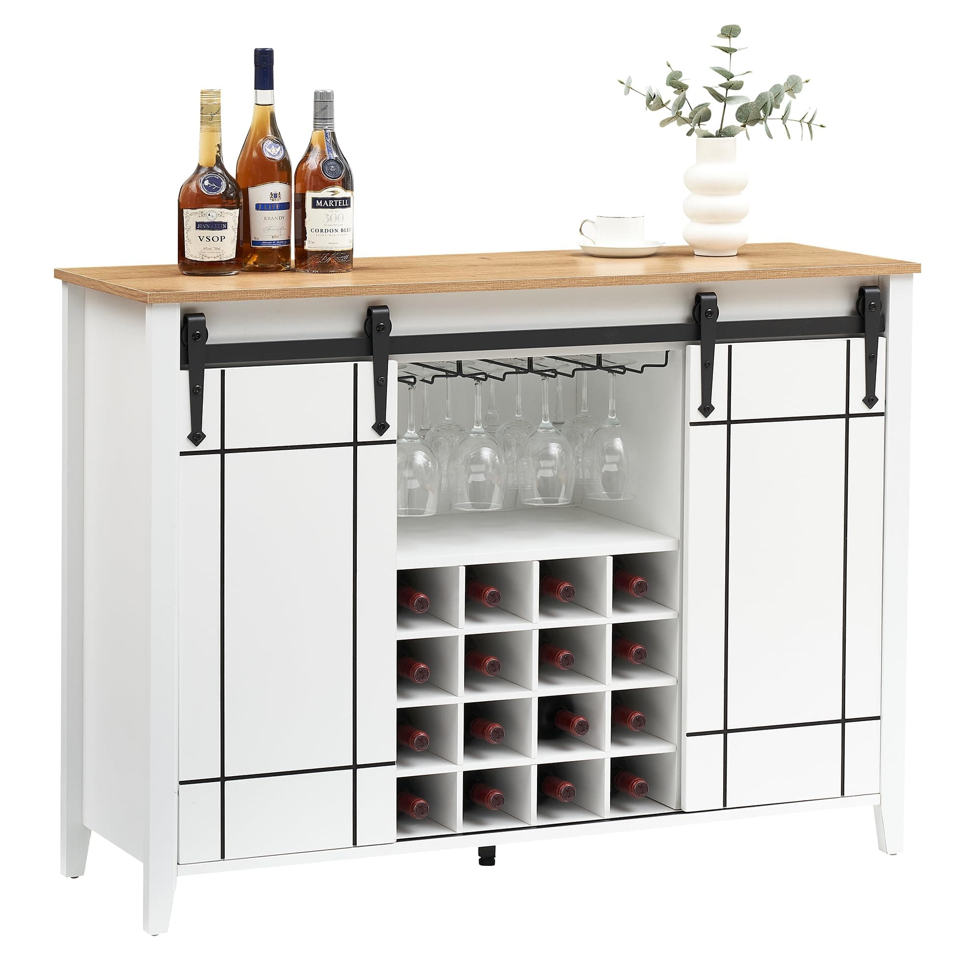 EcoSummer 47" Kitchen Coffee Bar Cabinet w/16 Wine & Glass Rack, Storage Shelves Farmhouse Wine Bar Cabinet w/Sliding Barn Door Large Rustic Buffet Sideboard Storage Shelf