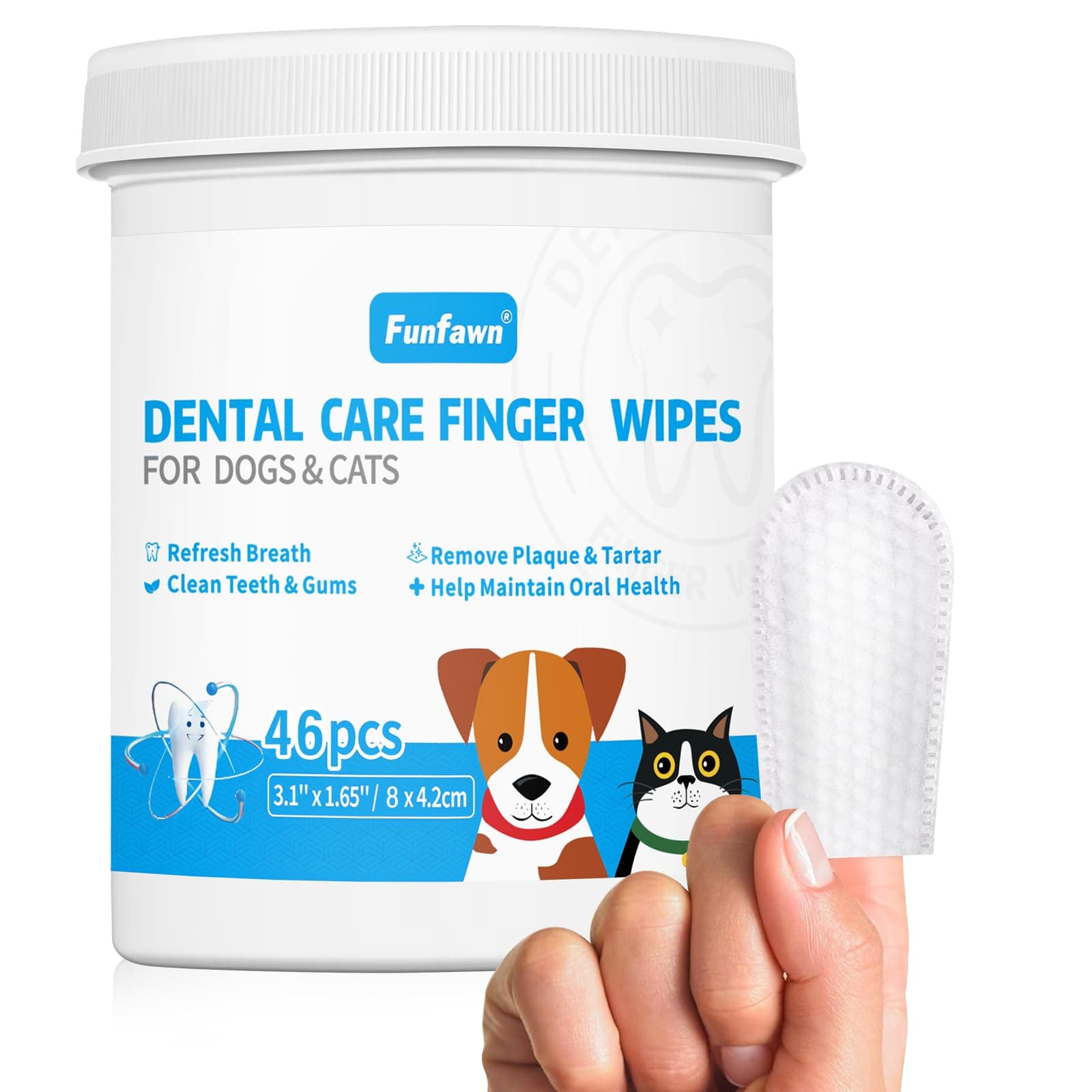 Funfawn Dog Teeth Cleaning Finger Wipes - Pet Dental Care Wipes for Dogs & Cats - Freshens Breath - Remove Plaque and Tartar - Disposable Gentle Cleaning & Gum Care Dog Finger Toothbrush - 46 Count