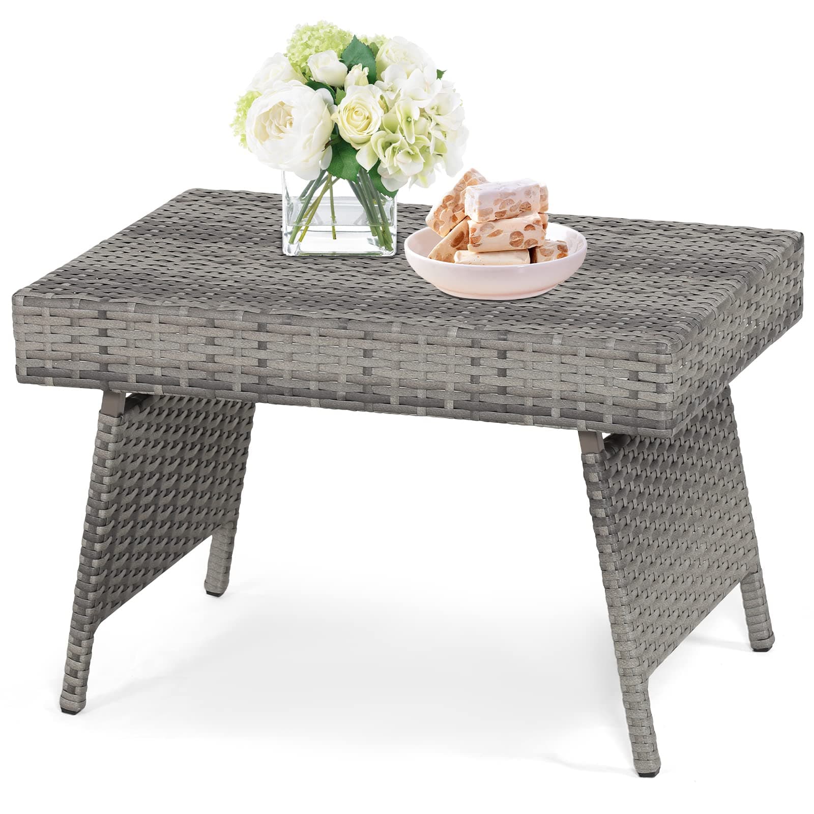 HAPPYGRILL Outdoor Wicker Table Folding Rattan Standing Coffee Side Table for Patio Lawn Bistro Poolside Garden