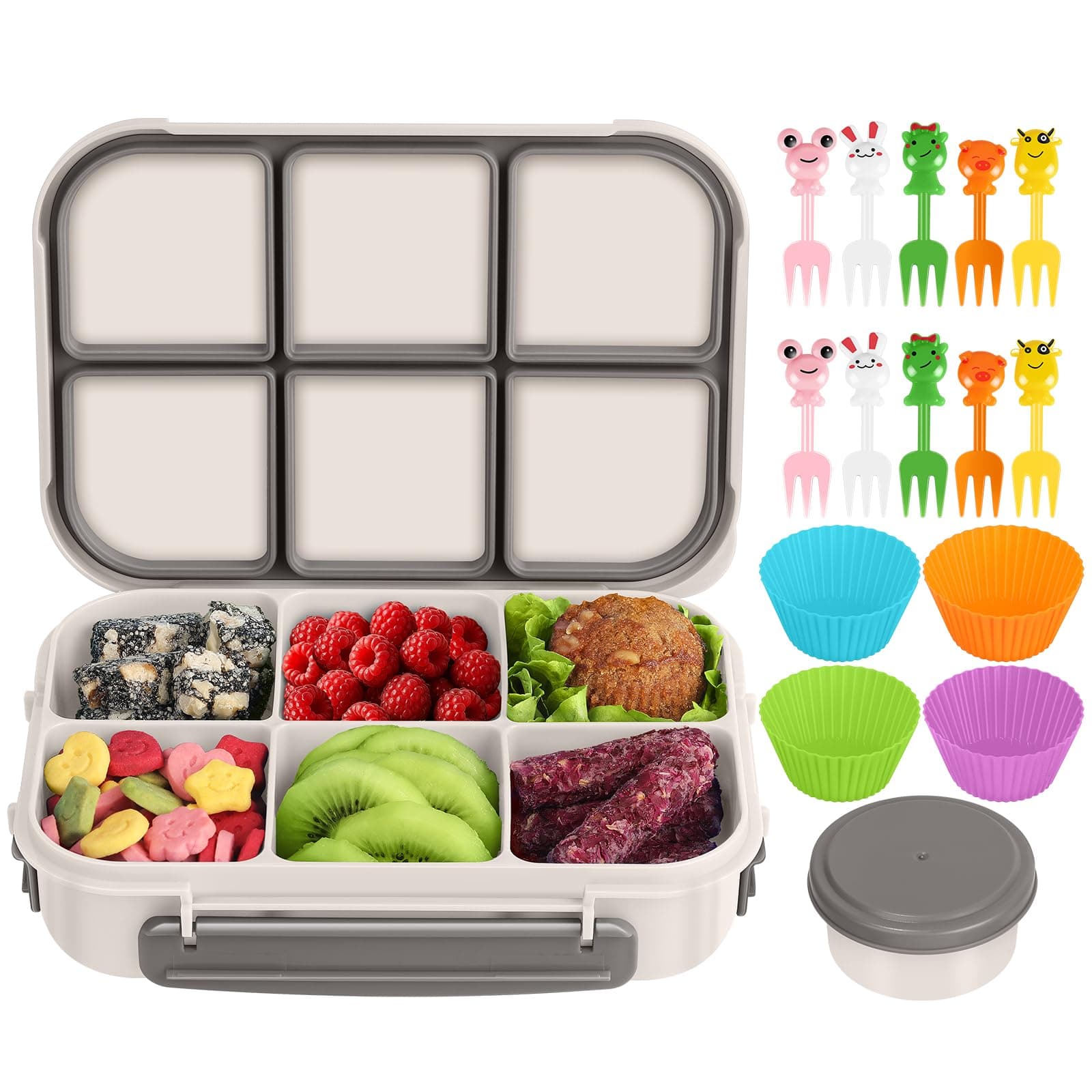 Amathley Lunch Box Kids Girls Boys,Bento Box Adult,Toddler Lunch Containers for School,Leakproof Snack Containers with 6 Compartments,Sauce Container,10 Food Picks and 4 Muffin Cups (White)