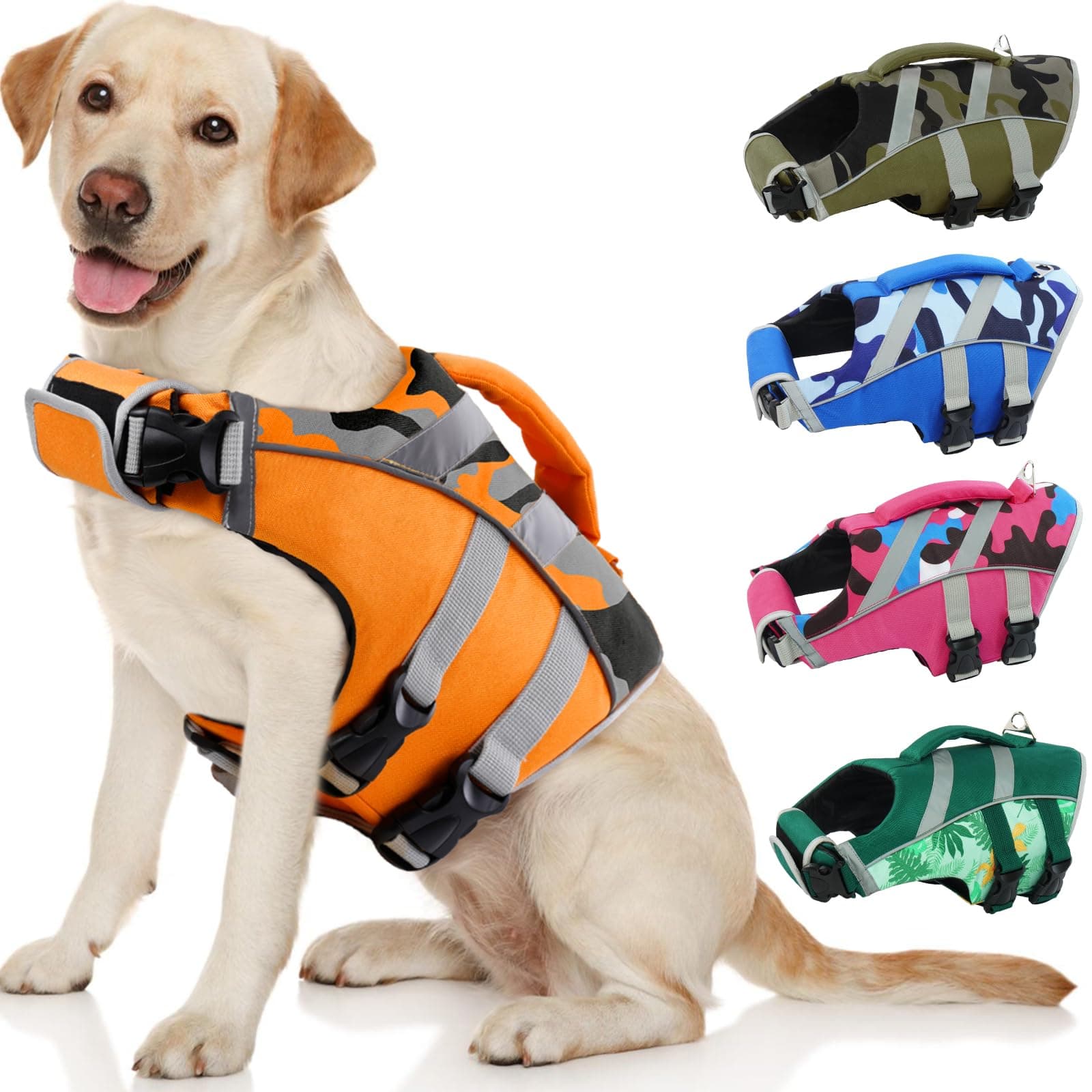 Kuoser Dog Life Jacket with Reflective Stripes - Adjustable High Visibility Vest, Ripstop Lifesaver, Pet Preserver with High Flotation Swimsuit for Small, Medium and Large Dogs