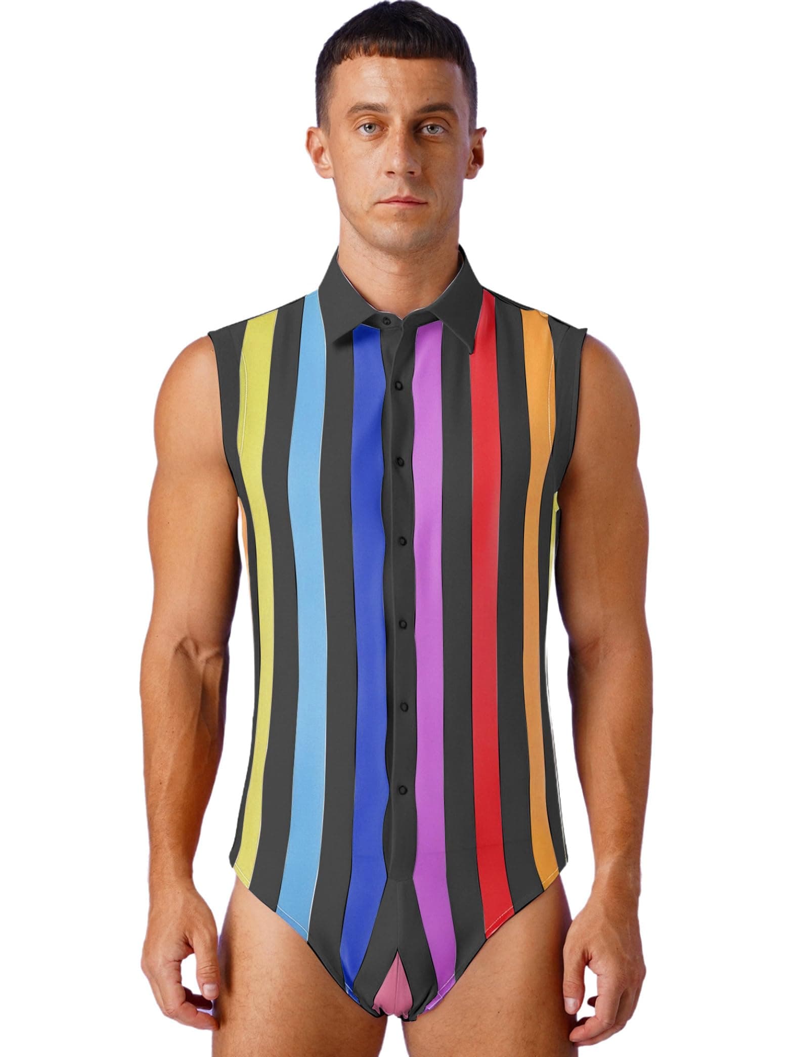 Rswnyirn Mens Striped Wrestling Singlet Bodysuit One Piece Sleeveless Lapel Bottom Stretchy Athletic Leotard Rainbow 3X-Large