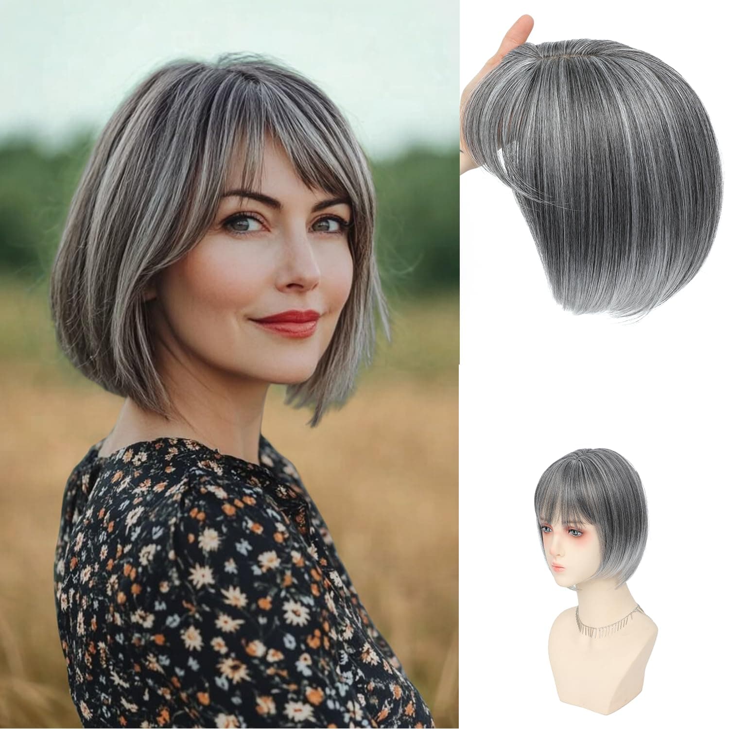 Civrie Short Bob Grey Hair Topper With Bangs 10 inch Side Part 7×7 Large Base Synthetic Hair Toppers for Women with Thinning Hair Clips In Hair pieces
