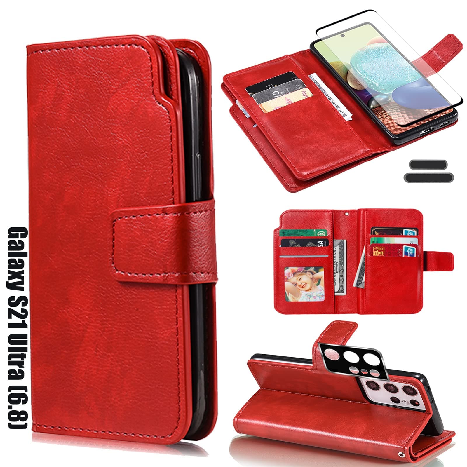 LMDAMZ for Galaxy S21 Ultra 6.8 Inch Wallet Case [9 Card Slots] ID Business Card Credit Card Slot Carry Pouch with Stand Double Sided Multi-Card Slot Flip Folding PU Wallet Leather Case (Red)
