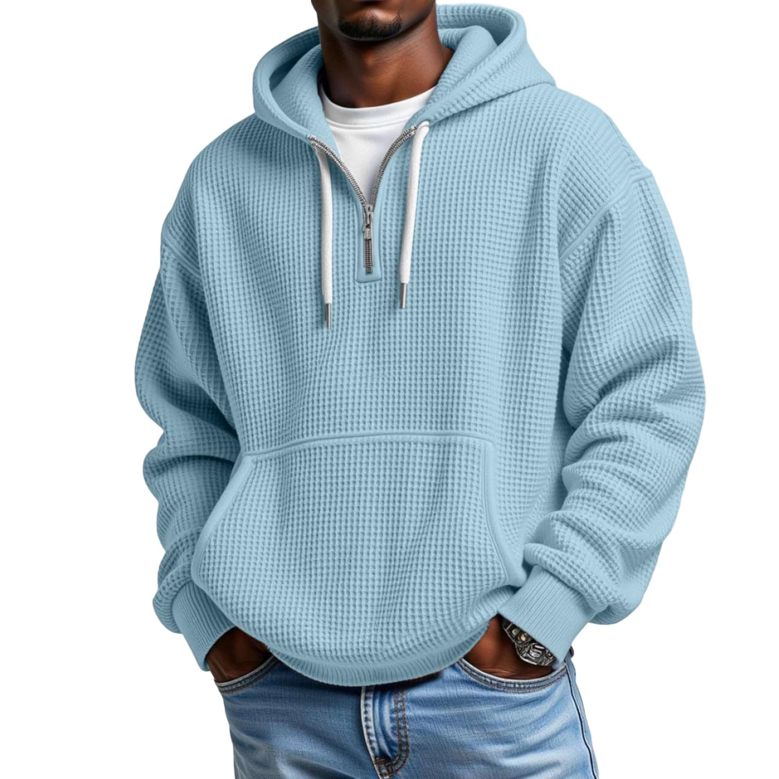 OKDNAJDD Men’S Hoodie Hoodies For Mens Oversized Quarter Zip Pullover Man Big And Tall Hoodie Waffle Knit Hooded Sweatshirt With Pocket Small 01-Light Blue