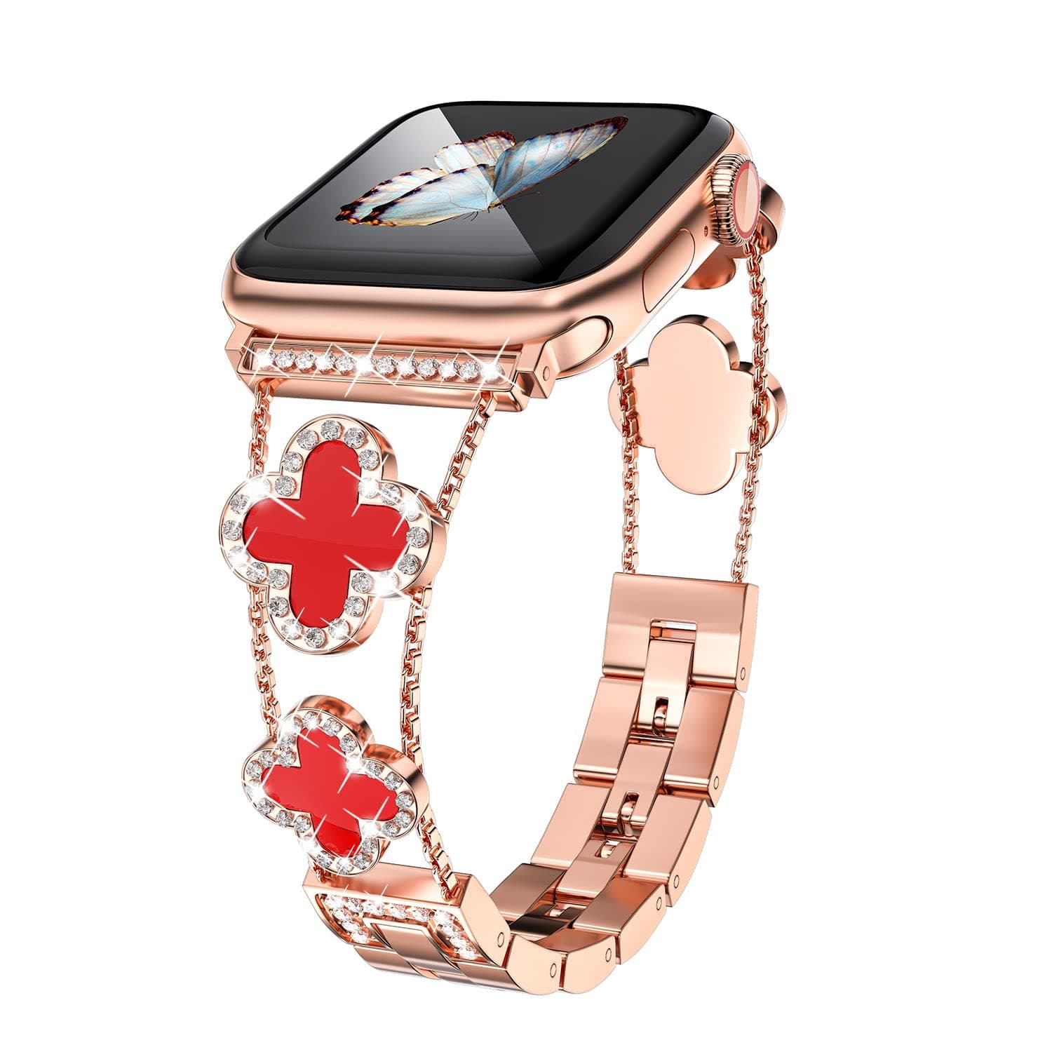 Rose Gold Color Cute Luxury Metal with Diamonds Ultra Thin Bling Watch Band for Apple Apple Watch 42mm 44mm45mm iwatch se Series 11/10/8/9/6/5/4,ipple Watch Series 7 45mm Bling Women's Watch Band Watch se Series 3