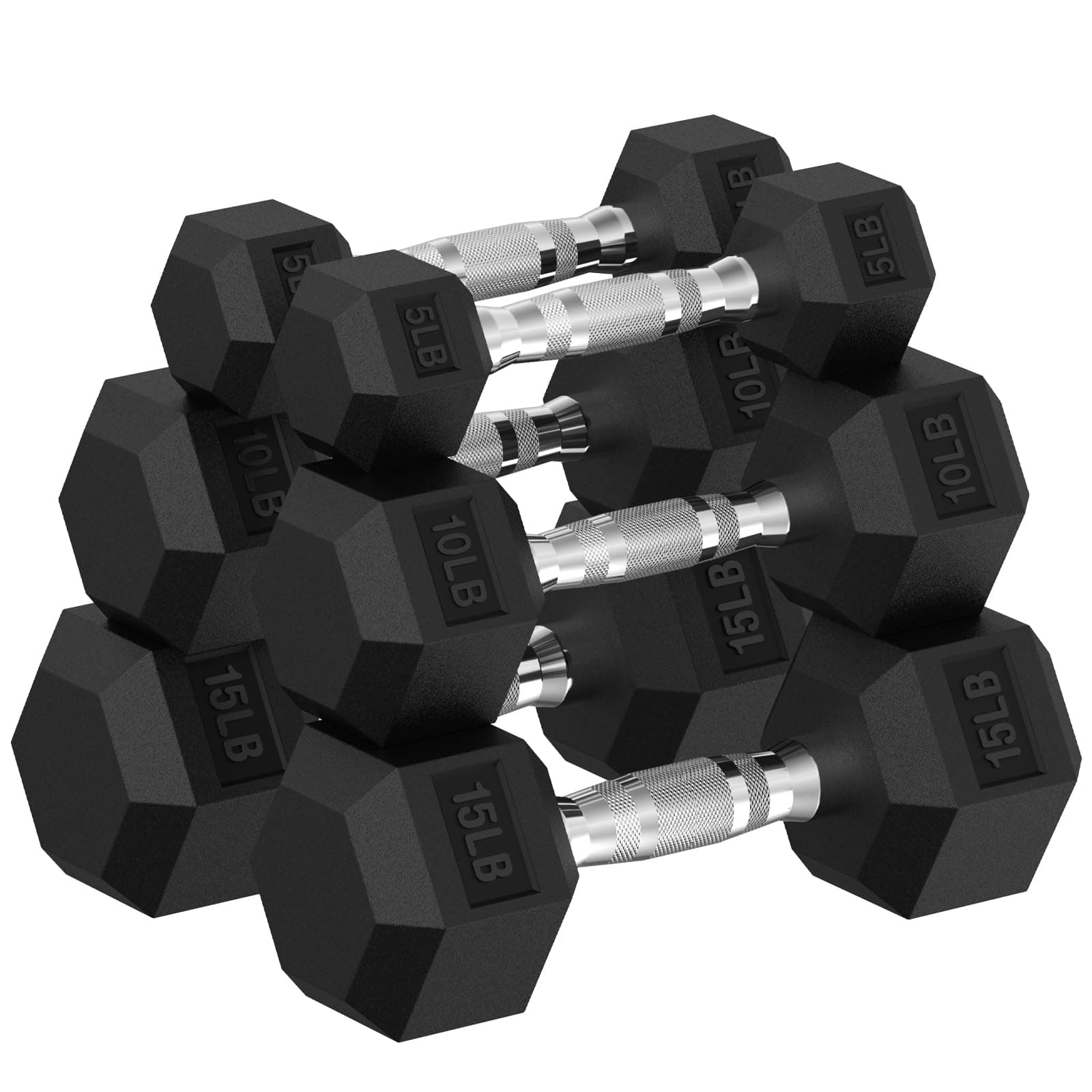 HANDBODE Hex Dumbbell 60 lb Set, Pair of 5/10/15 lb, Rubber Encased Dumbbells Strength Training, Hand Weight for Workout & Exercise