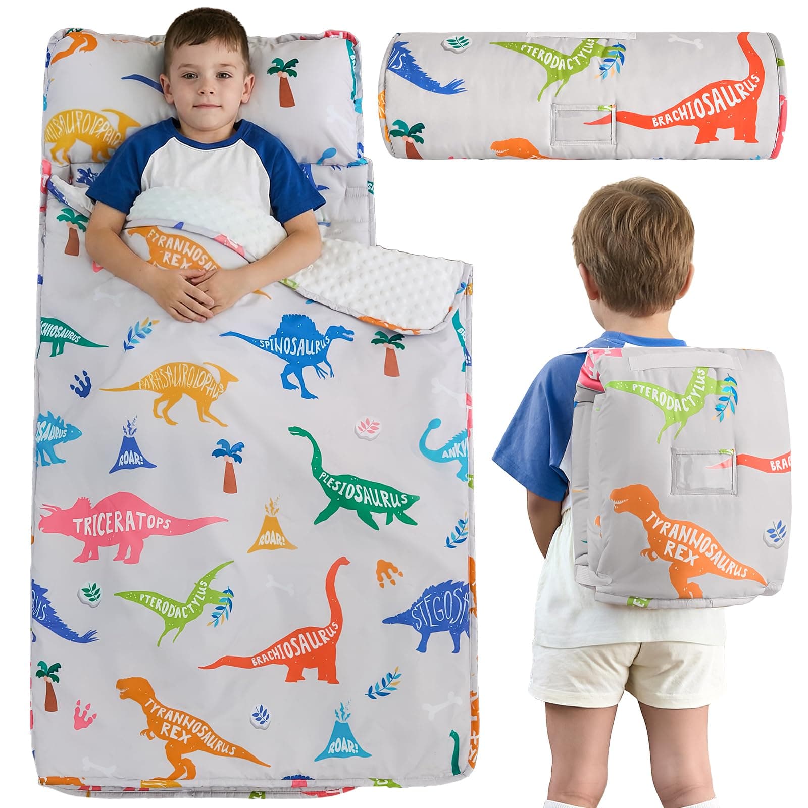 Anibedding Nap Mats with Pillow and Blanket, Grey Jurassic Dinosaur Themed Slumber Bags for Kids Daycare Preschool Travel Camping(Backpack and Hand-Carry Style)