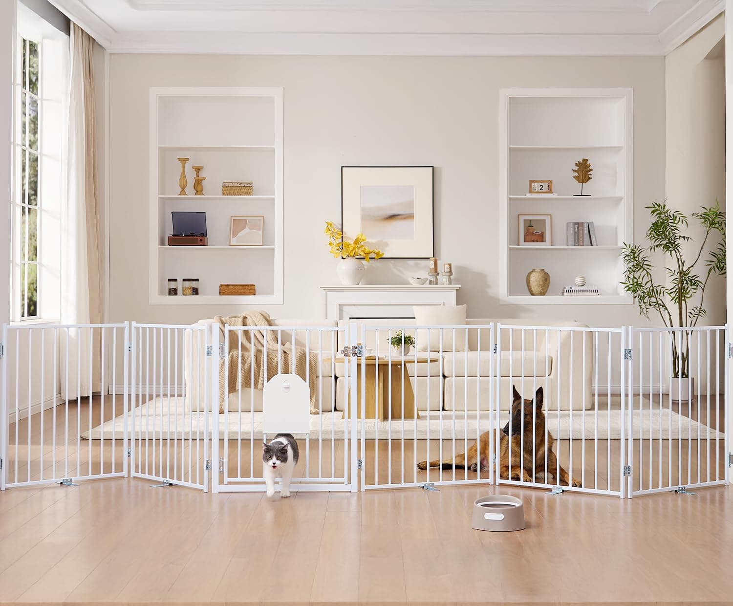 No Pawblems Freestanding Dog Gate with Cat Door for Indoor & Outdoor, White