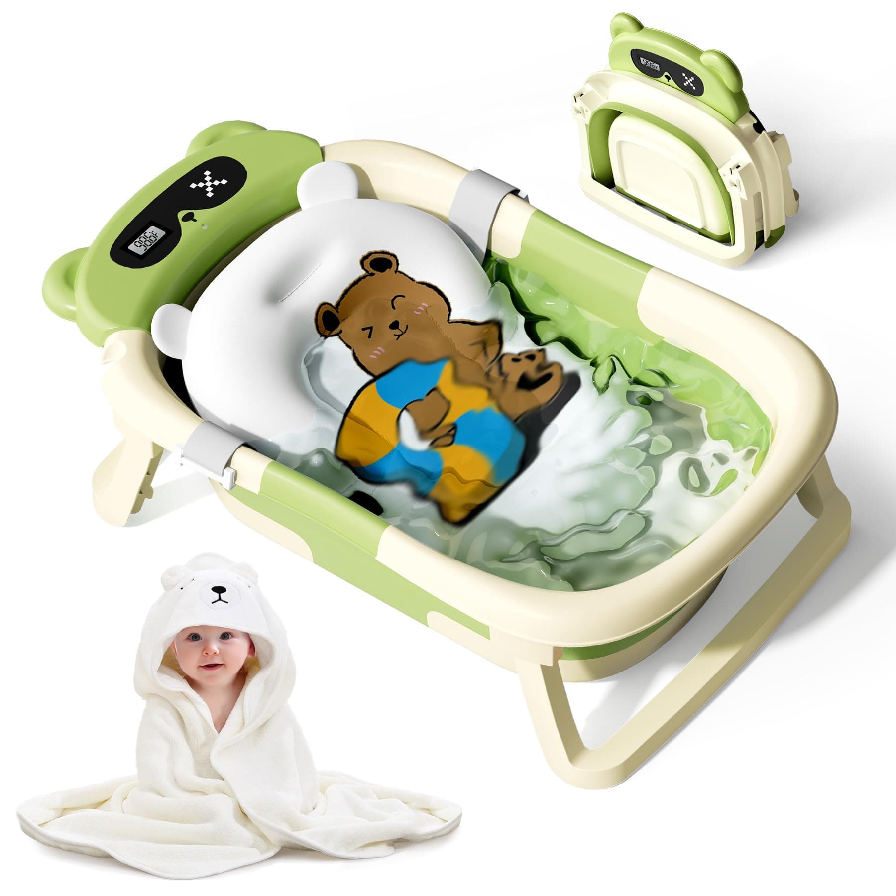 Kerbwry Baby Bathtub for Newborn to Toddler, Baby Bath Tub with Soft Towel and Floating Cushion, Baignoire Pour Bébé, Shower Essentials for Newborn (0-18 Months) Green