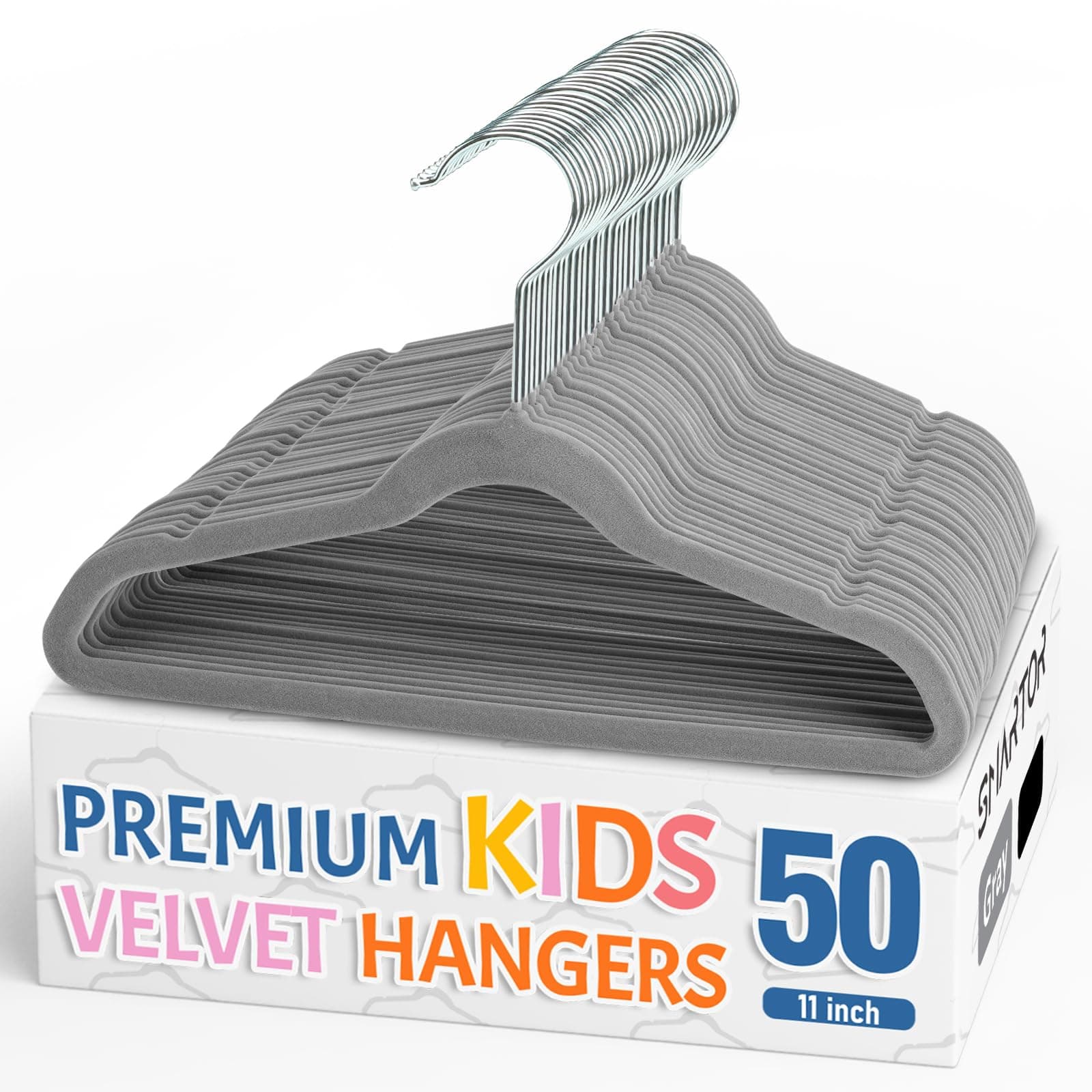 Smartor Premium 11 Inch Baby Hangers 50 Pack, Grey Kids Velvet Hanger, Non Slip, Space Saving Felt Hangers Clothes Organizers for Closet with 360° Swivel Hook for Children, Infant & Toddler