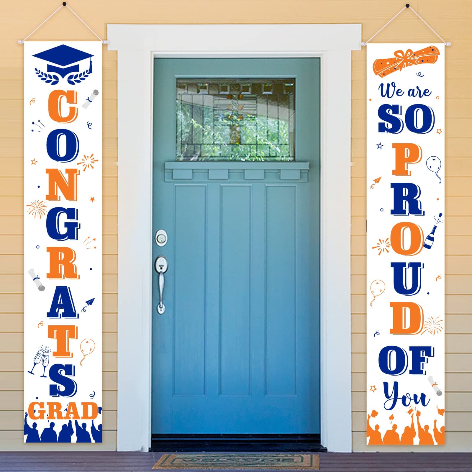 Fangleland Congrats Grad Door Banner 2026, Orange Blue Graduation Banner We Are So Proud of You Porch Sign for Class of 2026 High School College Party Supplies