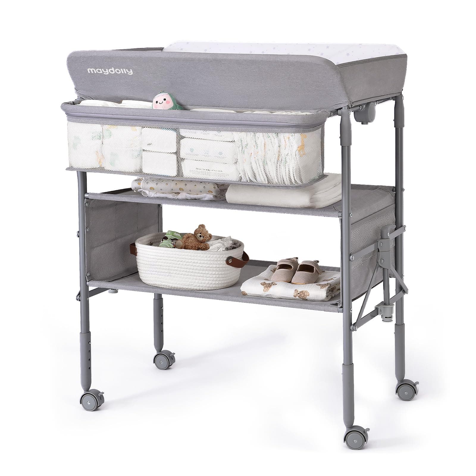 Maydolly Baby Changing Table, Portable Foldable Changing Table, Waterproof Diaper Changing Station, Adjustable Height Changing Station, Mobile Nursery for Newborn and Infant