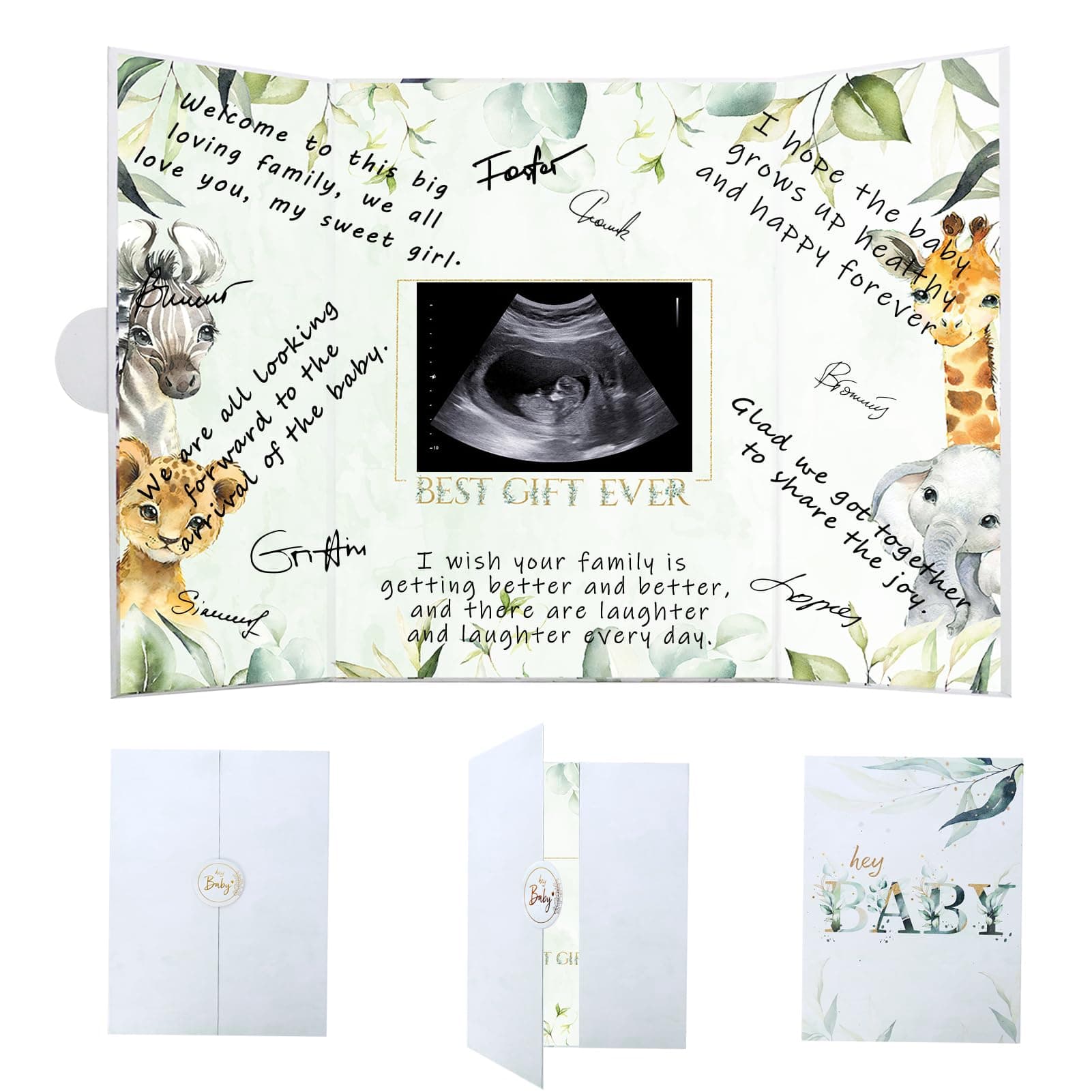 Vlipoeasn Safari Baby Shower Guest Book Alternative, DIY Cute Baby Shower Signature Book with Stand, Baby Shower Party Decorations, Green and White Baby Shower Party Sign in Book