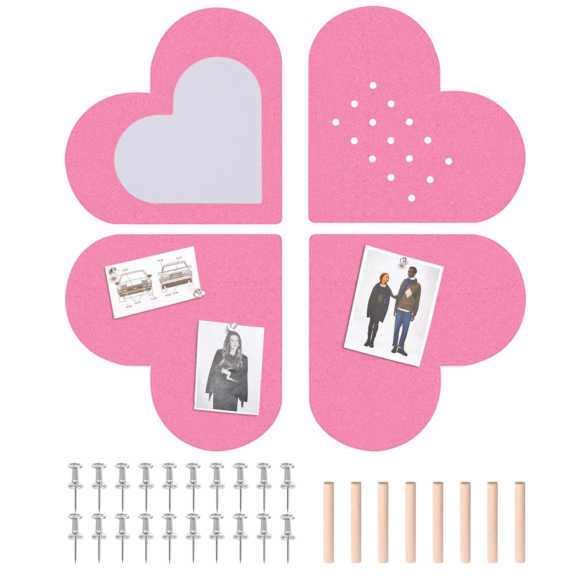 Qzvoio 4Pcs valentines day gifts Heart-Shaped Felt Photo Board Set (11.8*11.8in) with Wooden Pegs & Push Pins, Self-Adhesive Pin Board Tiles Set for Wall, Photo Display Board for Home Decor and Office