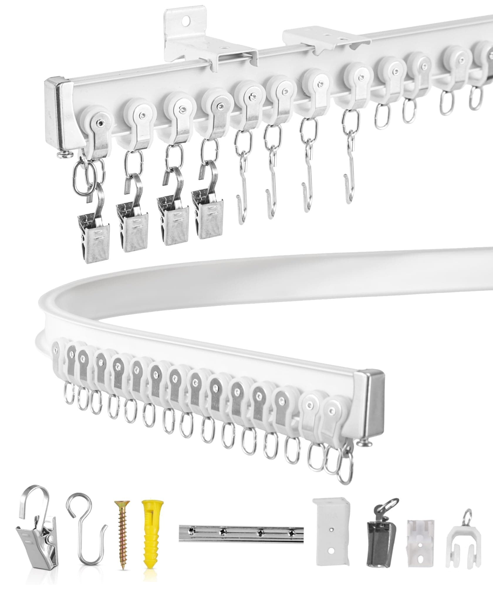 Ezcasch Aluminum Flexible Ceiling Curtain Track 18-21ft Bendable Heavy Duty Curtain Rails Cuttable Track for Curtains Ceiling/Wall Mount Tracks with Hooks &Clips for Bay Window, Shower, Rooms, White