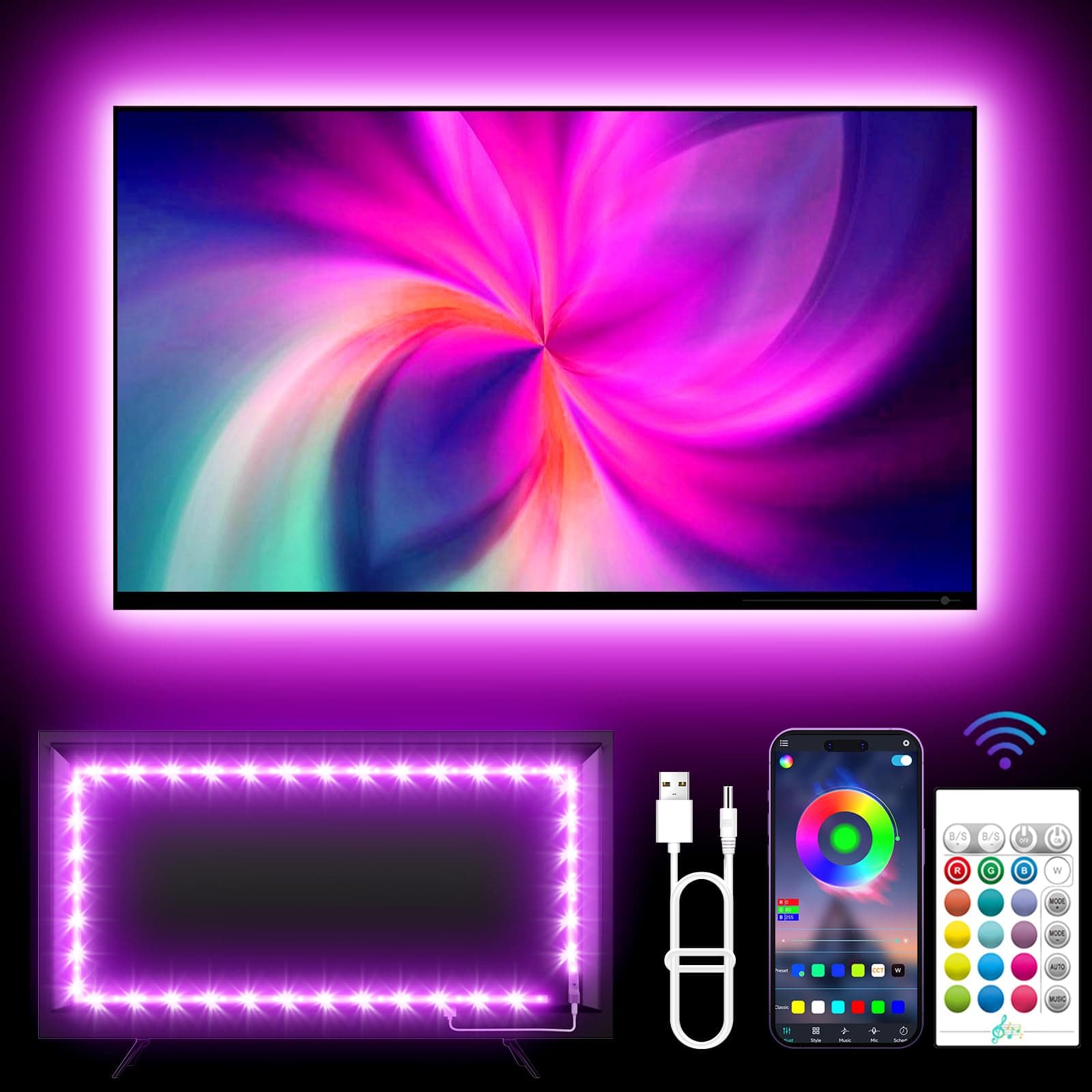 KANTUTOE LED Lights for TV, 13.1ft RGB TV LED Backlight Strip for 45-60 Inch TV/Monitor, Music Sync Bluetooth APP and Remote Control TV LED Lights USB Powered for Gaming Room, Bedroom, etc