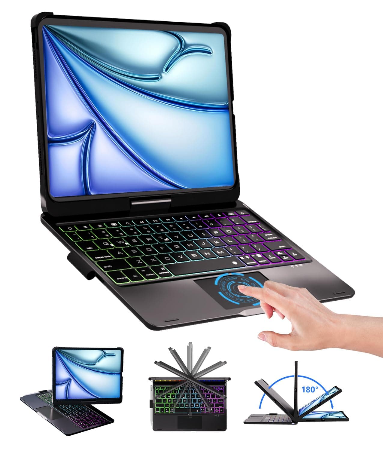 BABG TouchPad Keyboard Case for iPad Air 11(M3,M2)/iPad Pro 11 inch Keyboard(1st/2nd/3rd/4th Gen)&iPad Air 5th/Air 4th Keyboard, 360°Swivel,7 Use Modes,Rainbow Backlight- Black