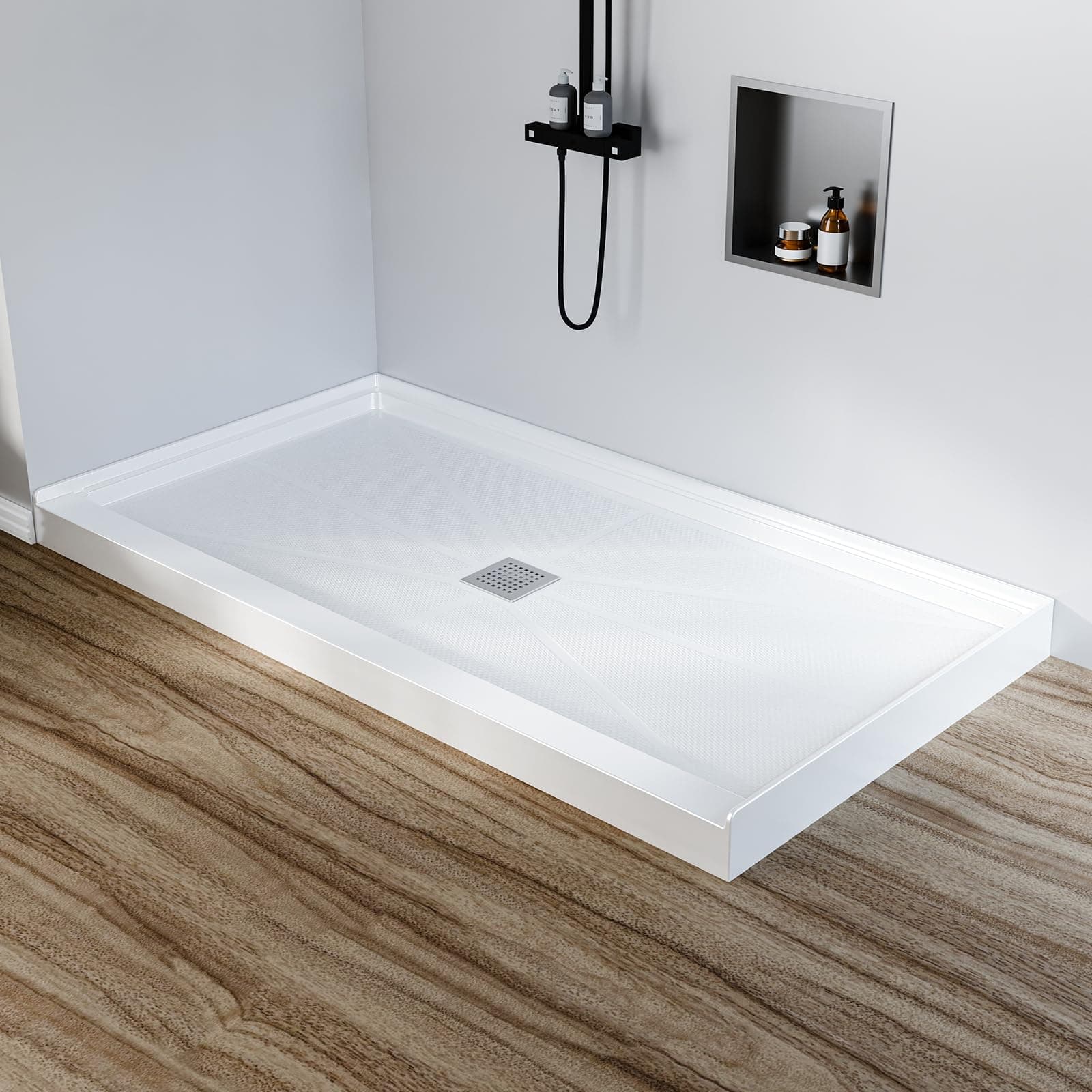Shower Base 60 x 32 Inch, Center Drain with Non Slip Shower Pan, 304 Stainless Steel Square Drain Cover, Single Threshold Shower Tray Kit, White
