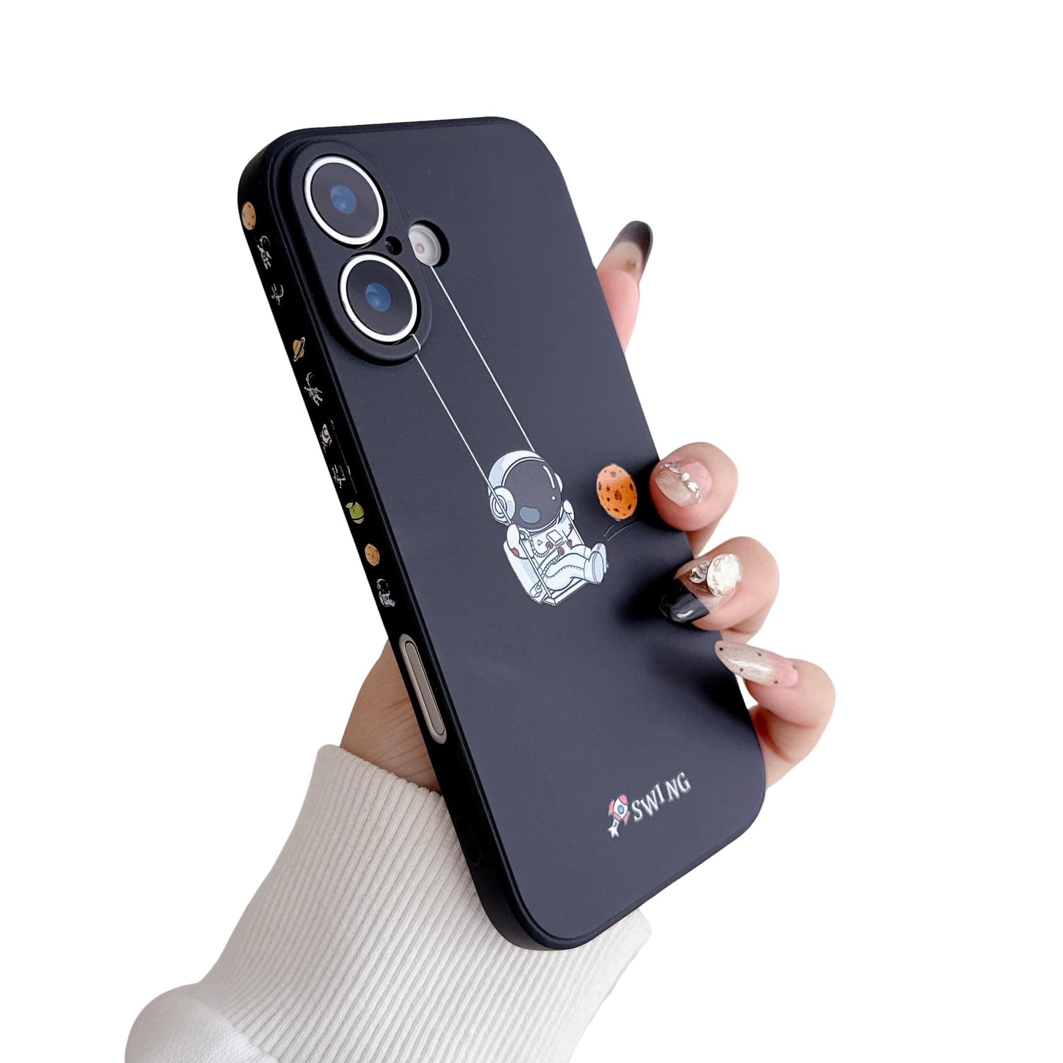 Yonds Queen for iPhone 17 Cute Case, Cool Cartoon Swing Astronaut Planet Moon Space Design Stylish Soft TPU Bumper Shockproof Anti-Slip Protector Fashion Case (Black Planet, iPhone 17)