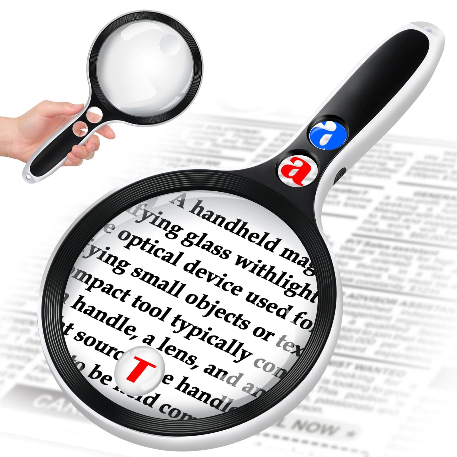 Large Magnifying Glass with Lights,10X 25X 45X 60X Handheld Lighted Magnifier, 5in Page Magnifier LED Lights, Magnifying Glass for Reading Small Prints & Low Vision Seniors with Aging Eyes