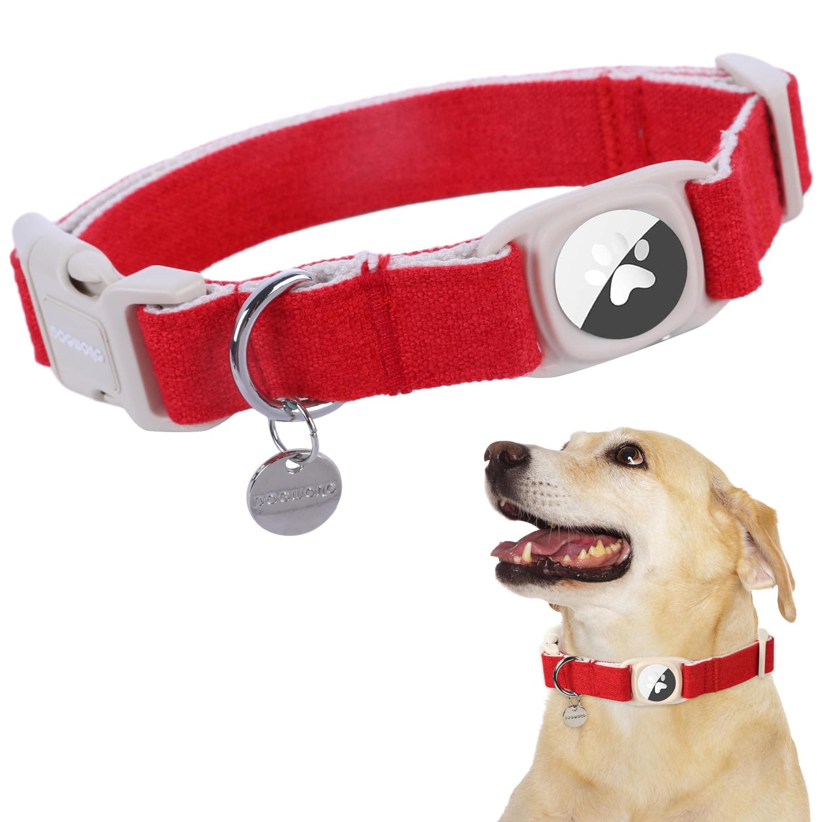 DOGWONG Airtag Cotton Hemp Dog Collar, Heavy-Duty Dog Collar with Airtag Holder Christmas Red Natural Fabric Cute Puppy Necklace for Small Medium Large Dogs