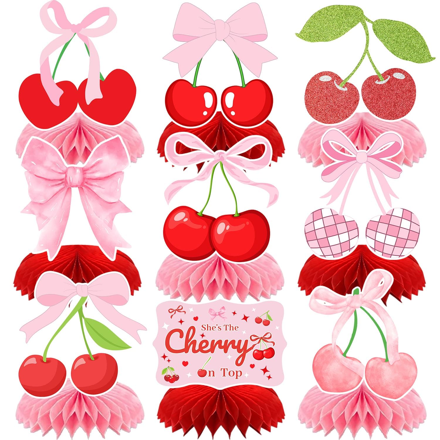 9 PCS Cherry Honeycomb Centerpieces Cherry Birthday Party Decorations Cherry She's The Cherry On Top Table Centerpieces Decorations Summer Fruit Cherry Party Supplies for Bridal Shower Baby Shower